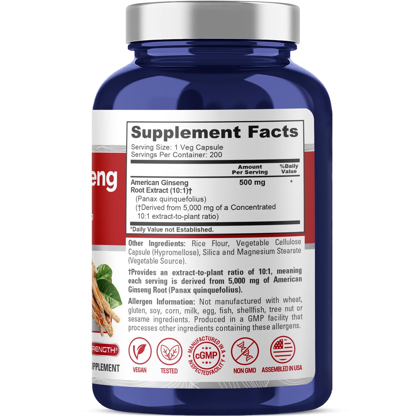 NusaPure American Ginseng 10:1 Extract, 500 mg Equivalent to 5000mg - 200 Veggie Capsules (Vegetarian, Non-GMO, Vegan) NusaPure
