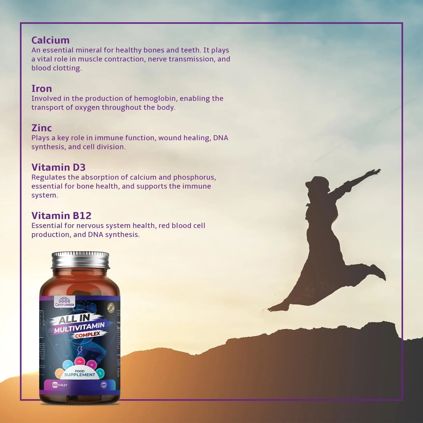 CAMRUSEPA All in Multivitamin Complex – Daily Tablet with Calcium, Iron, Zinc, Vitamin C, B Complex, D3, E, A & More – Complete Daily Nutritional Support for Adults Camrusepa