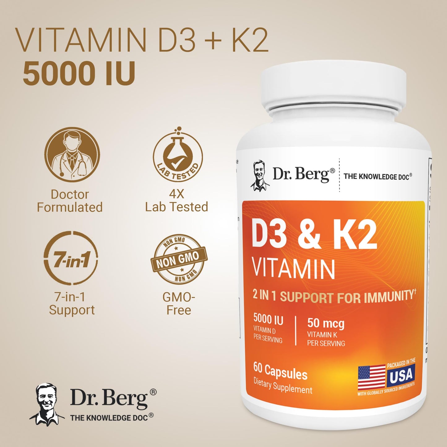Dr. Berg Maximum Strength 2-in-1 Vitamin D3 K2 5,000 IU | Naturally Derived D3 | 4X Lab-Tested & Verified | High Absorption Formula Dr. Berg Nutritionals