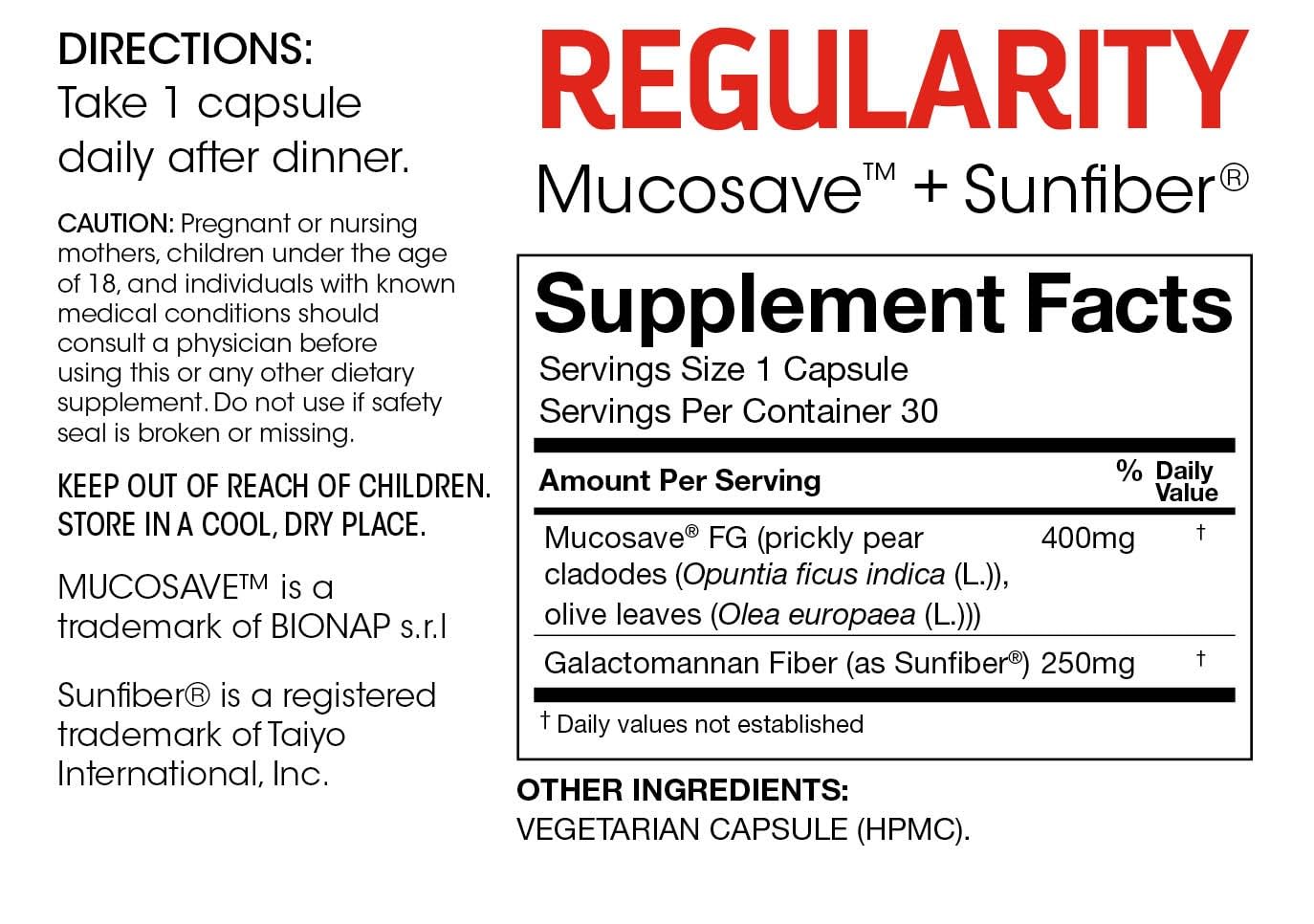 Silver Fern Regularity Digestive Supplement Capsules Brand - 1 Bottle = 30 Capsules = 30 Day Supply - Mucosave FG (Prickly Pear Polysaccharides & Olive Leaf Polyphenols) & SunFiber Silver Fern
