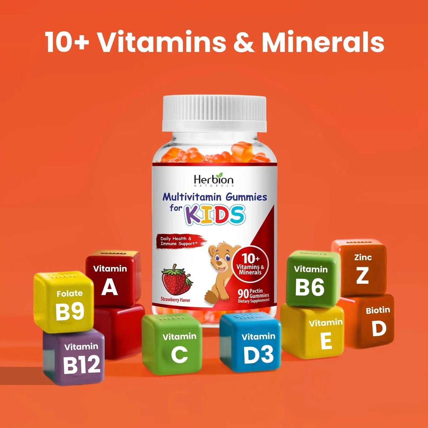 HERBION Naturals Multivitamin Gummies for Kids, Immune Support with Vitamin C, D3, B12, A, E & Zinc, Strawberry Flavor HERBION