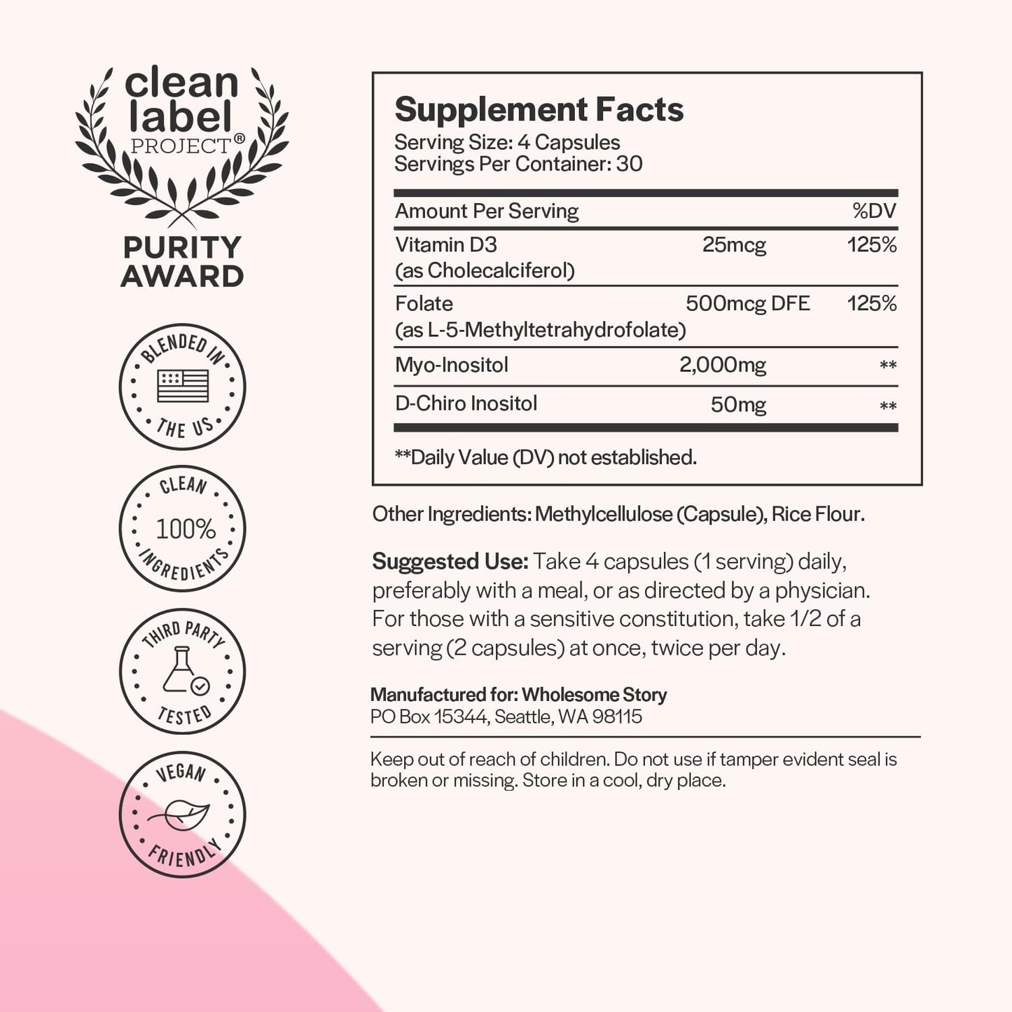 Myo-Inositol & D-Chiro Inositol Capsules with MTHF, Folate, Vitamin D| Support for Ovarian Function, Hormone Balance, & Homocysteine Levels | Fertility Supplements for Women | 40:1 Ratio Wholesome Story