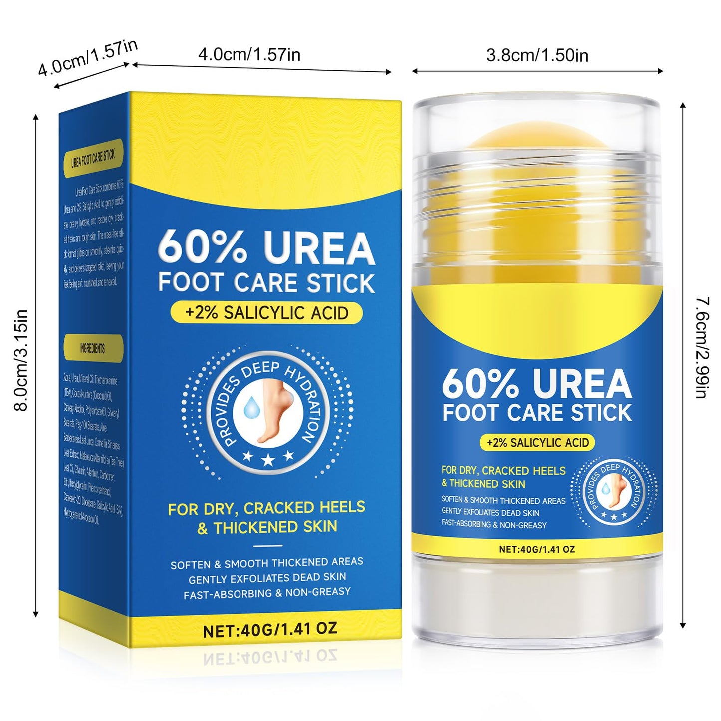 2Pack 60% Urea with 2% Salicylic Acid Urea Foot Care Stick, Foot Cream Moisturizer for Dry Cracked Feet, Knees, Elbows, Hands,Moisturizes and Hydrates the Dry Skin,Callus Remover & Skin Softener QJCWXIAOX