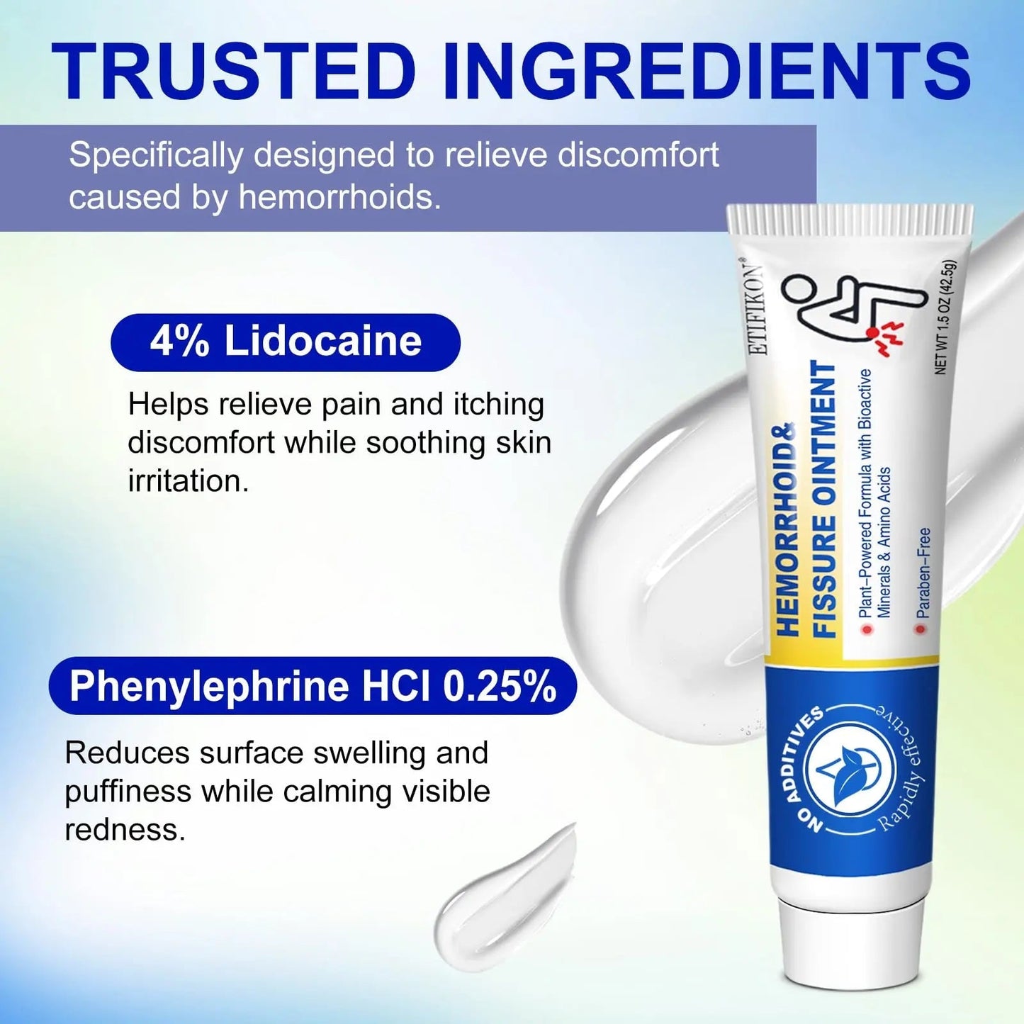 ETIFIKON Hemorrhoid & Fissure Ointment with 4% Lidocaine & Phenylephrine HCI – 42.5g Comforting Care Cream for Internal & External Areas – Helps Soothe Irritation & Support Daily Comfort (1 Pack) ETIFIKON