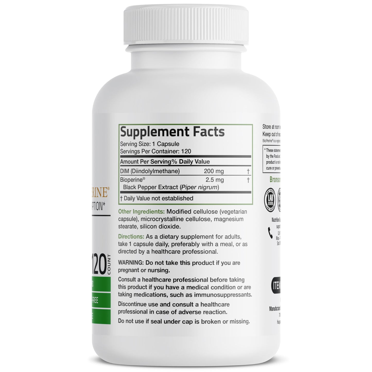 Bronson DIM Supplement 200 MG Diindolymethane with BioPerine for Enhanced Absorption, Estrogen Metabolism & Maintains Balanced Hormone Levels, 120 Vegetarian Capsules Bronson