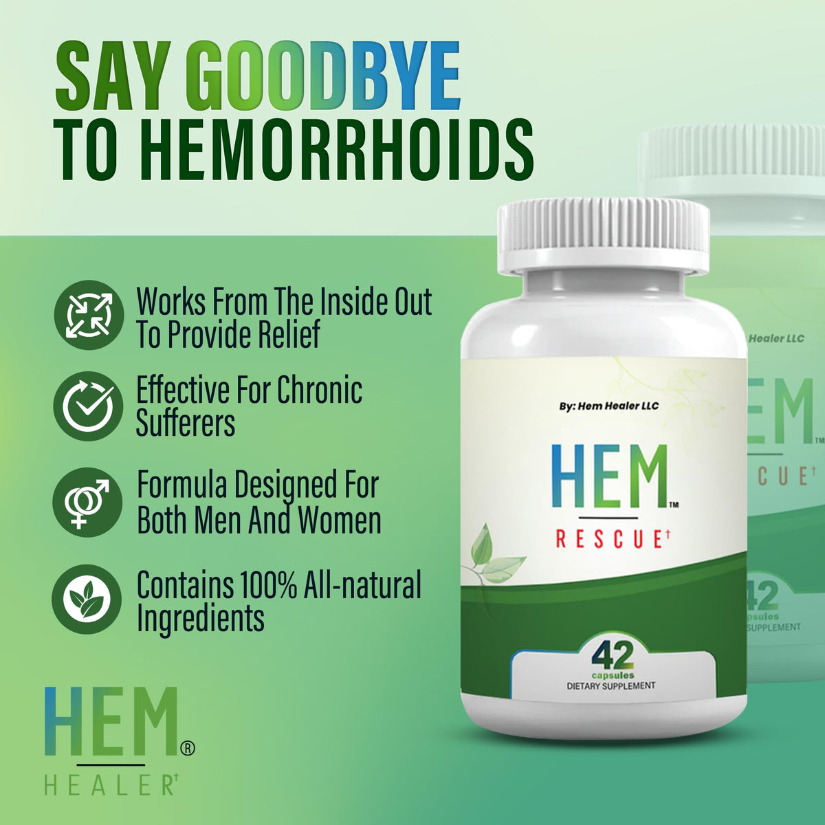 Hem Healer Hem Rescue Hemorrhoid Treatment Supplement - All Natural, Reduces Discomfort & Swelling, Boosts Blood Flow, Oral Botanical Blend, Made in USA - (1 Bottle Pack) Hem Healer
