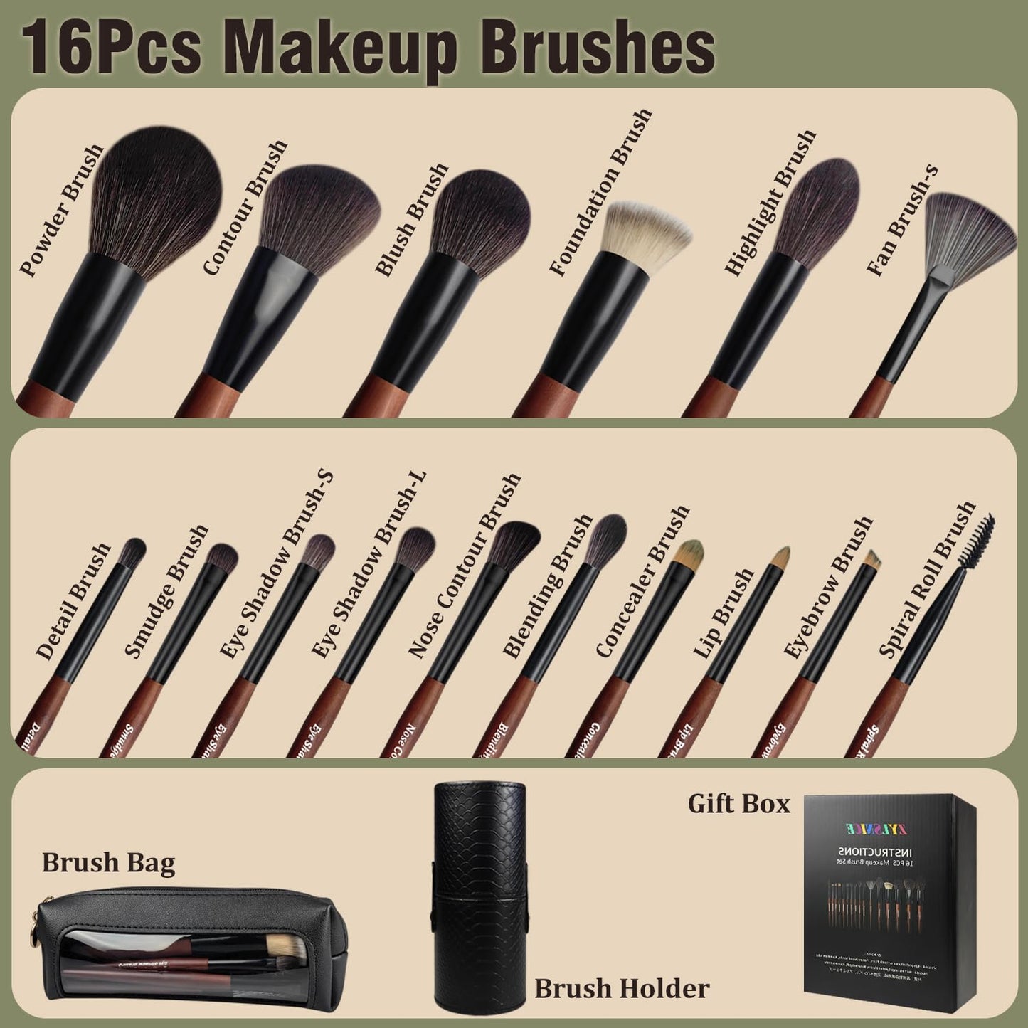 Makeup Brushes 16 Pcs Makeup Brush Set Professional, Wood Handle Travel Make Up Brushes Set with Case, Premium Cruelty-Free Synthetic Fiber Hair Makeup Brush Kit with Holder Zylsnice
