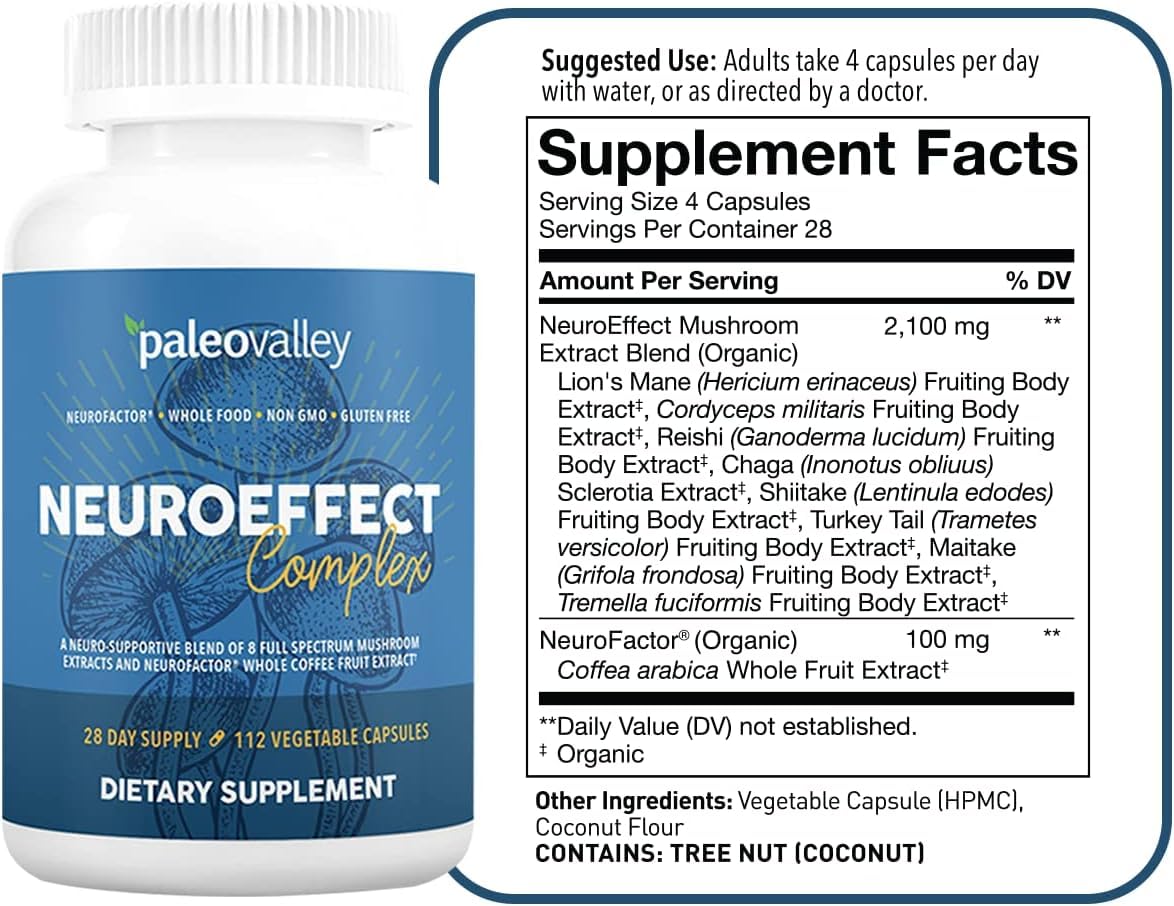 Paleovalley NeuroEffect - Neuro Mushroom Coffee Nutritional Supplement for Focus, Memory, and Energy Support - 28-Day Supply - 8 Full Spectrum Mushroom and Whole Coffee Fruit Extracts Paleovalley