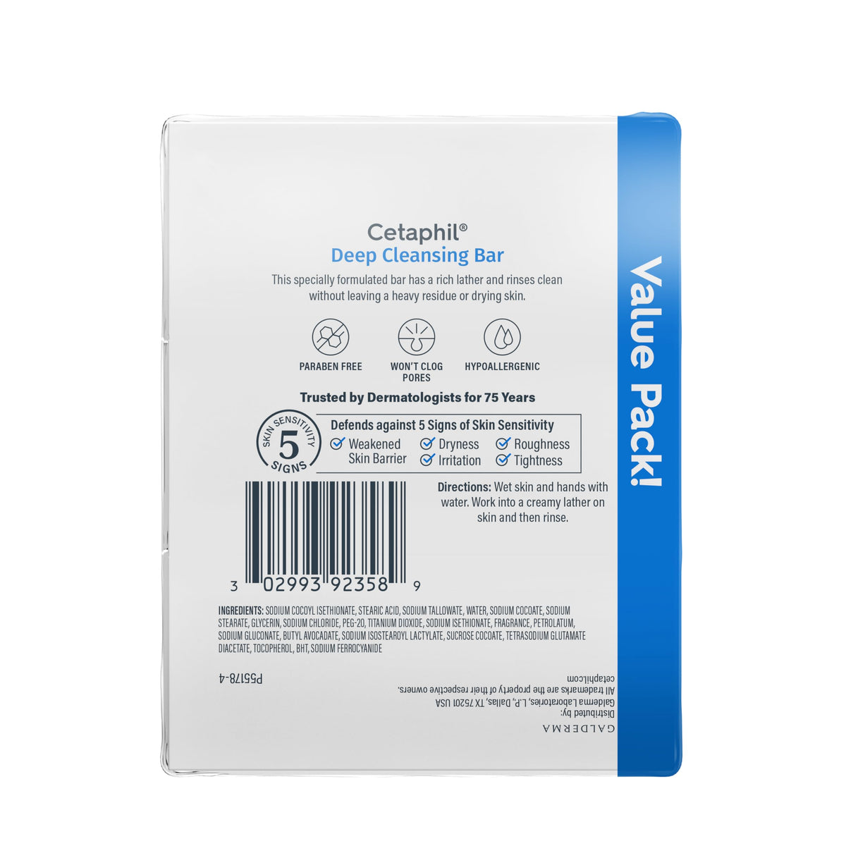 Cetaphil Deep Cleansing Face & Body Bar Soap, Sensitive Skin Care, 3ct Cetaphil