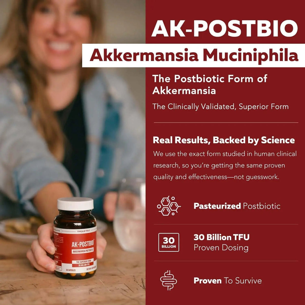 AK-Postbio: Akkermansia Probiotic 30 Billion TFU - Max Strength, Clinically Validated Dose & Patented Strain - Superior Pasteurized Form, Highest Absorption, Delivery - GLP-1 Probiotic - 30 Servings Triquetra Health