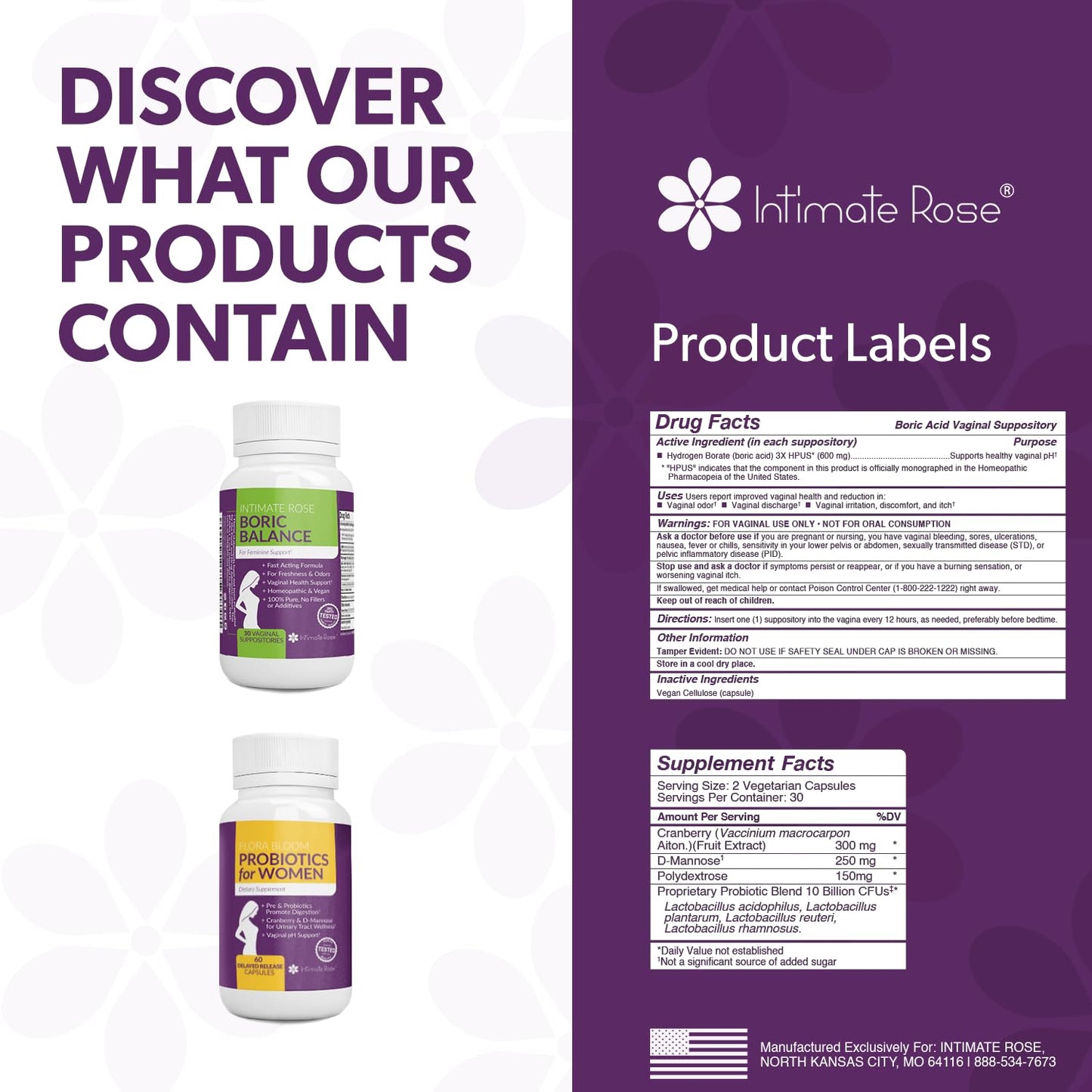 Intimate Rose Combo Pack! Flora Bloom Probiotics for Women (One Bottle) and Boric Balance Boric Acid Intimate Rose