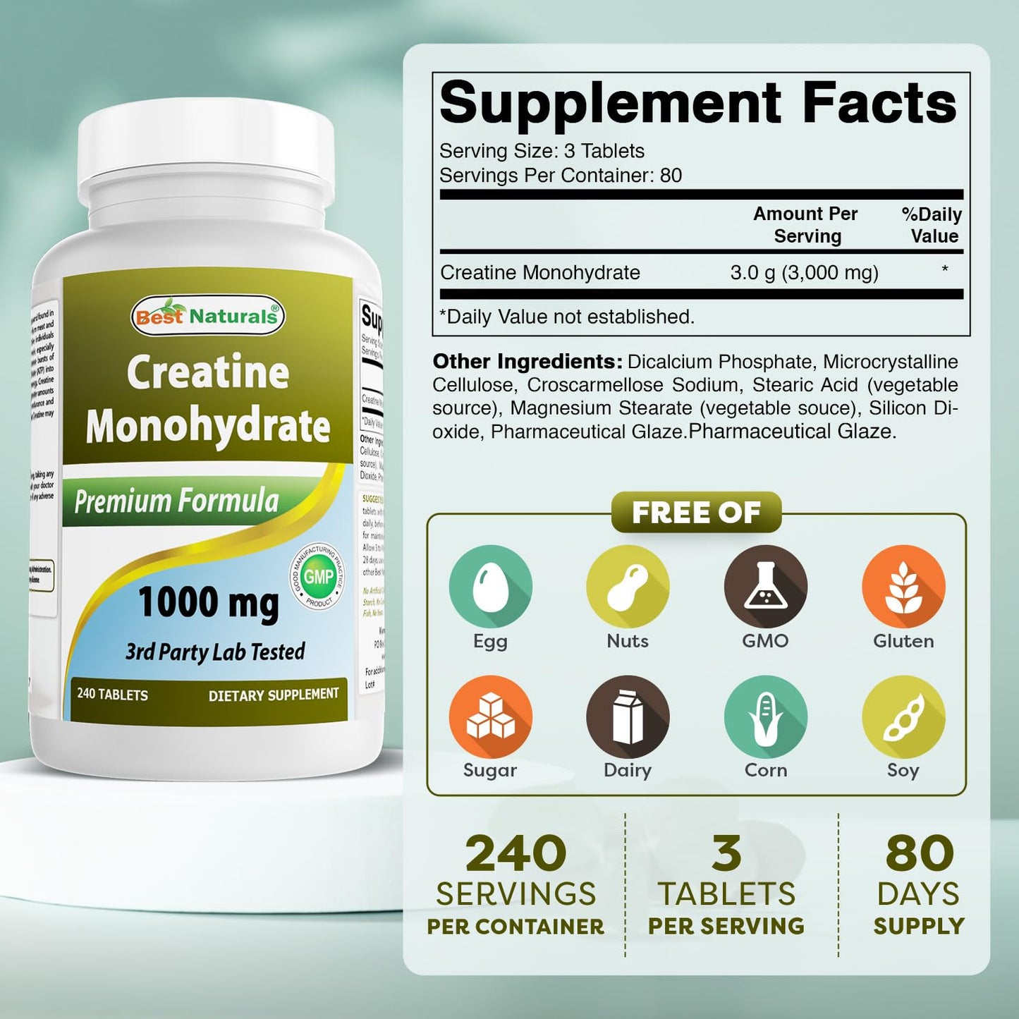 Best Naturals Creatine Monohydrate 1000 mg 240 Tablets Best Naturals