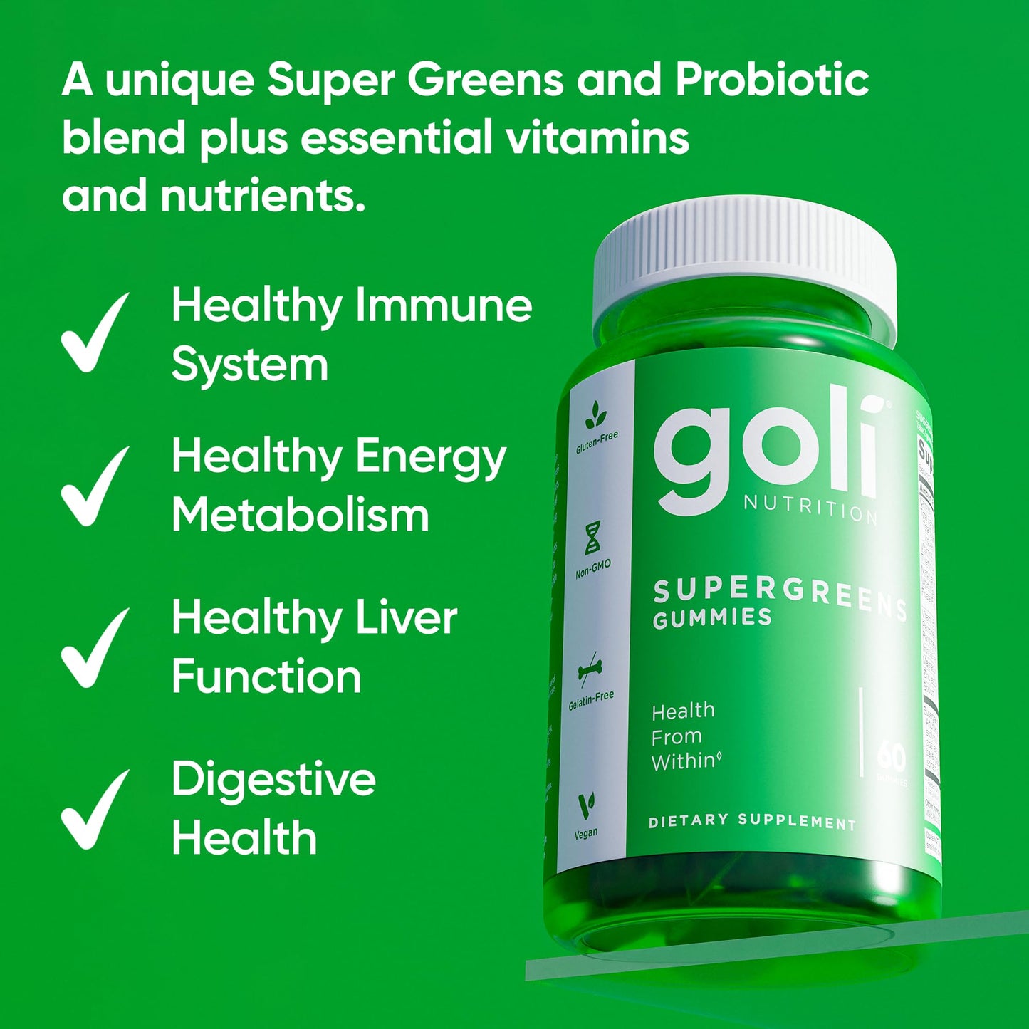 Goli Supergreens Gummies with Probiotics - Artichoke Leaf Extract, Spirulina, Kale, Vitamins A, B6, B12 - Vegan, Gluten-Free, Non-GMO Goli