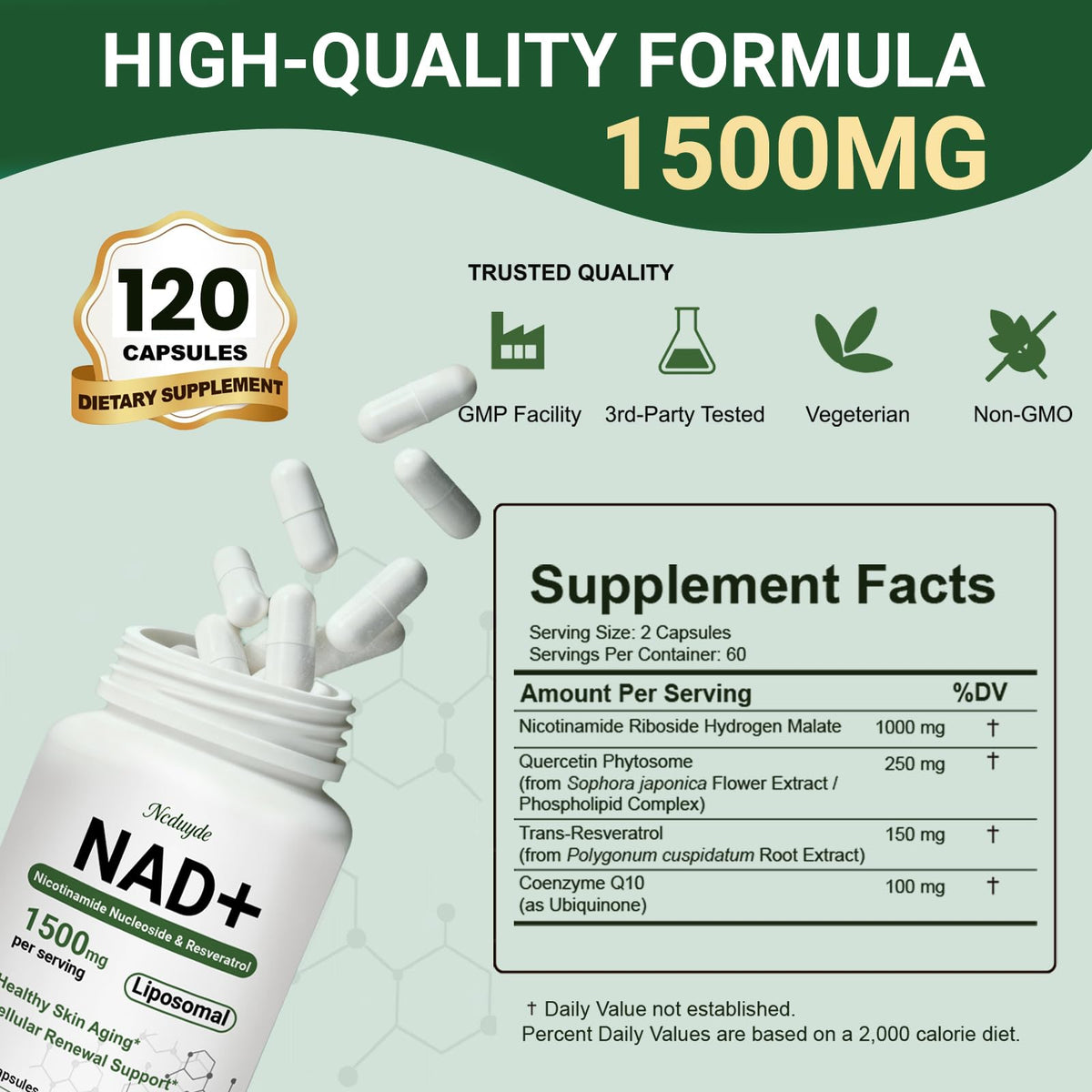 Ncduyde NAD+ Supplement, Liposomal NAD Nicotinamide Riboside Resveratrol 1500 mg - Anti-Aging & Brain Health, Improve Energy Ncduyde