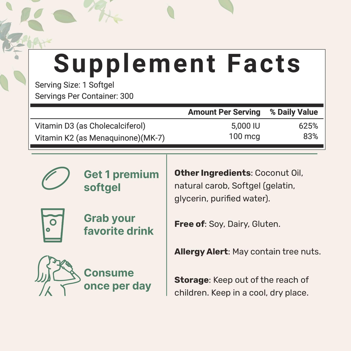 Vitamin D3 5000 IU Plus K2 (MK-7) 100 mcg, 300 Virgin Coconut Oil Softgels Micro Ingredients