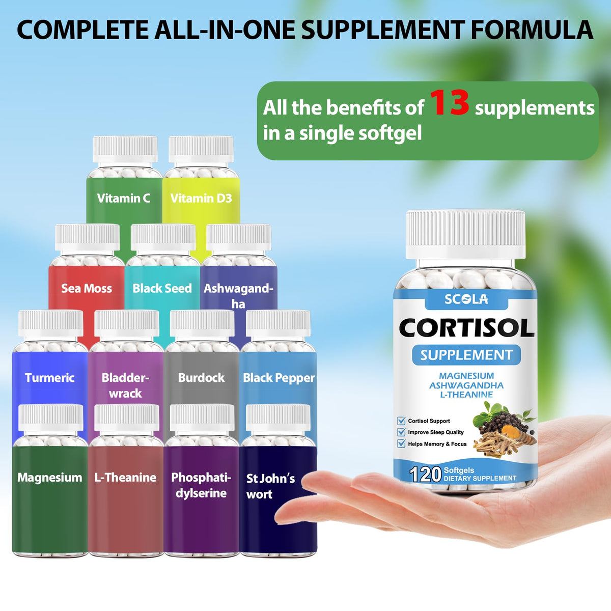 SCOLA Cortisol Supplement for Women and Men with Magnesium, Ashwagandha/L-Theanine, Cortisol Detox Manager, Cortisol Reducer Supports Relaxation & Calm, Mood, Sleep, 120 Count SCOLA