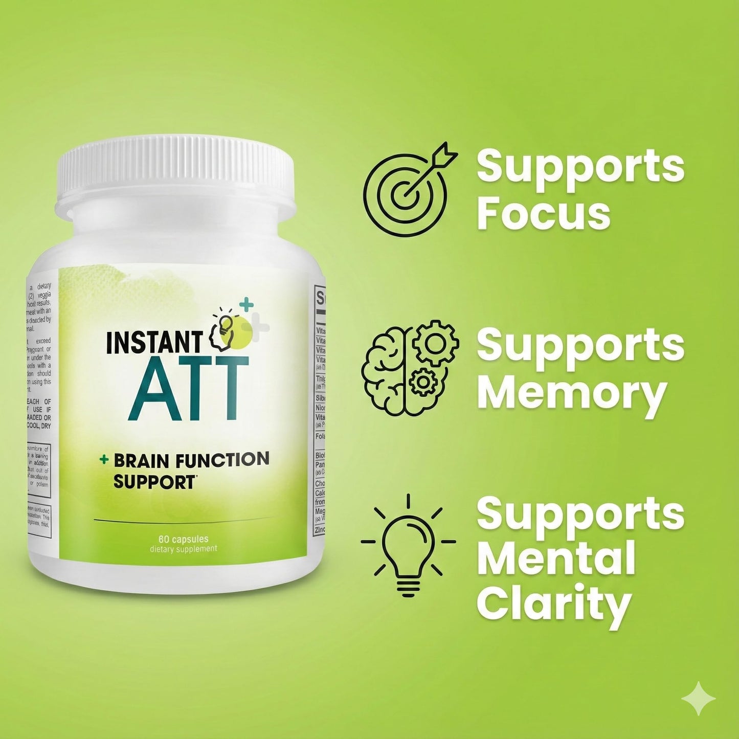 InstantATT - 7-in-1 Caffeine Free Nootropic All-Natural Brain, Focus, Memory Supplement (60 Capsules) Instant Brands