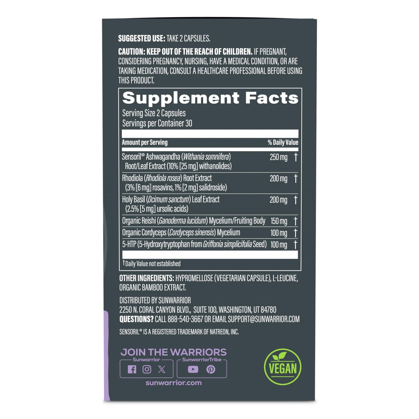 Ashwagandha, Rhodiola, Reishi & 5-HTP for Stress-Free Focus Active Focus & Balance Capsules Caffeine-Free Nootropic for Calm Energy & Mental Clarity, Mood & Immune Support 60 Vegan Capsules Sunwarrior