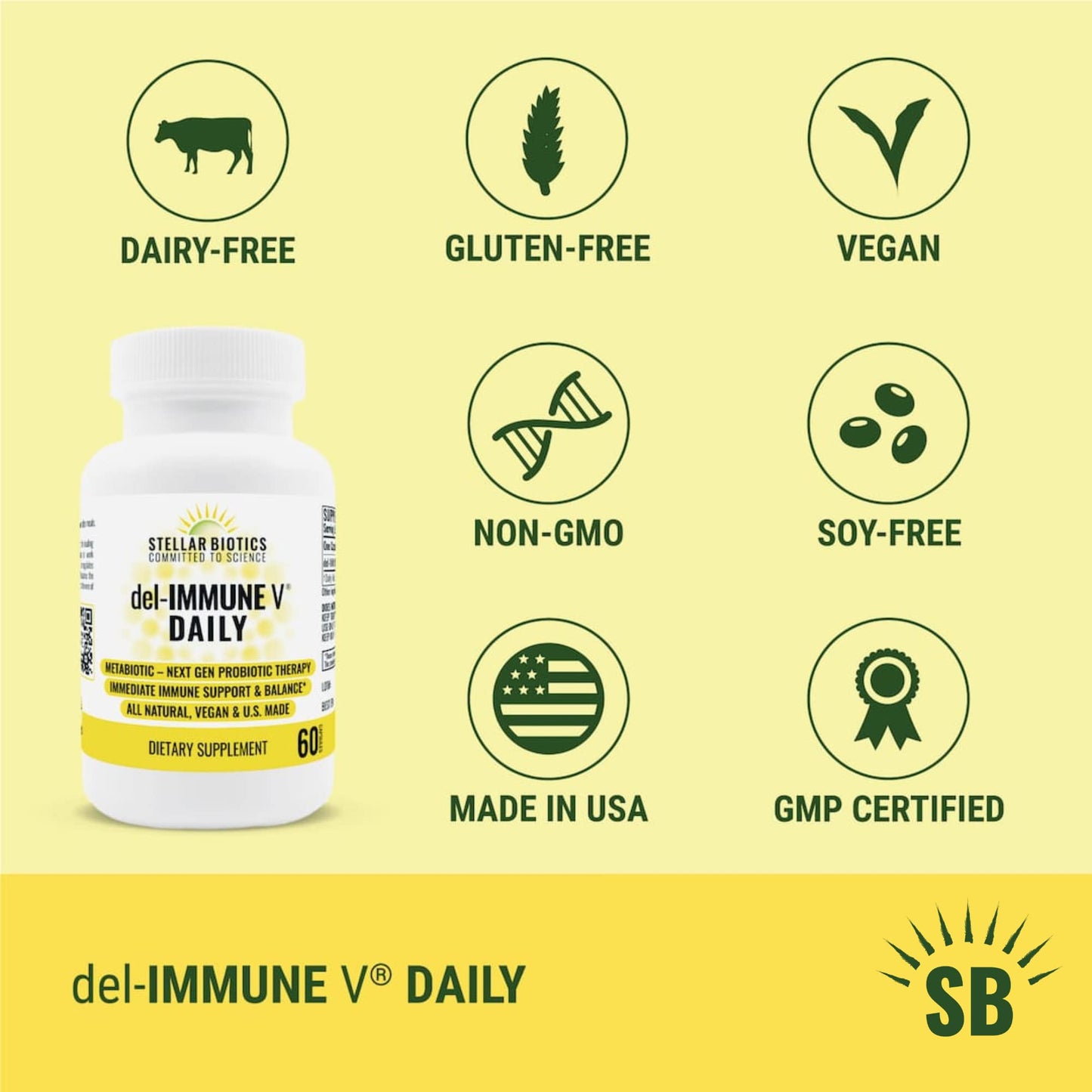 Del-Immune V Daily by Stellar Biotics, All-Natural Immune Support & Gut Health, Immediate Care, Metabiotic: NextGen Probiotic Therapy (60 Caps) Del-Immune V