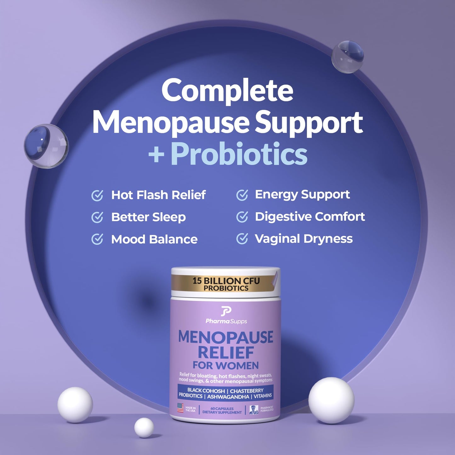 Natural Menopause Supplements for Women - Perimenopause Supplements for Hormonal Balance, Bloating & Mood Swings | Hot Flashes Menopause Relief w/Probiotics & Prebiotics, Black Cohosh & Chasteberry PharmaSupps