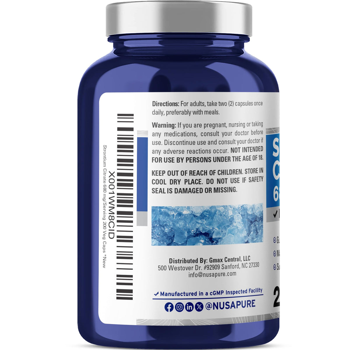 NusaPure Strontium Citrate - Suitable for Vegetarian/Vegan, Non - GMO - 680 mg 200 Capsules NusaPure