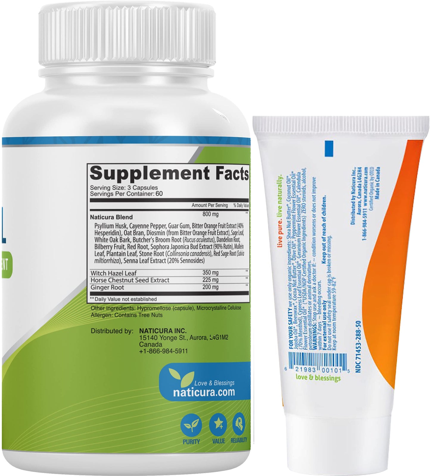 Naticura Bundle - Hem-Control Vegan Digestive Support Supplement (180 Count) and Alleviate Natural Hemorrhoid Relief Cream for Burning, Itching and Swelling (1.7 oz) Plus 2 Travel-Size Tubes Naticura