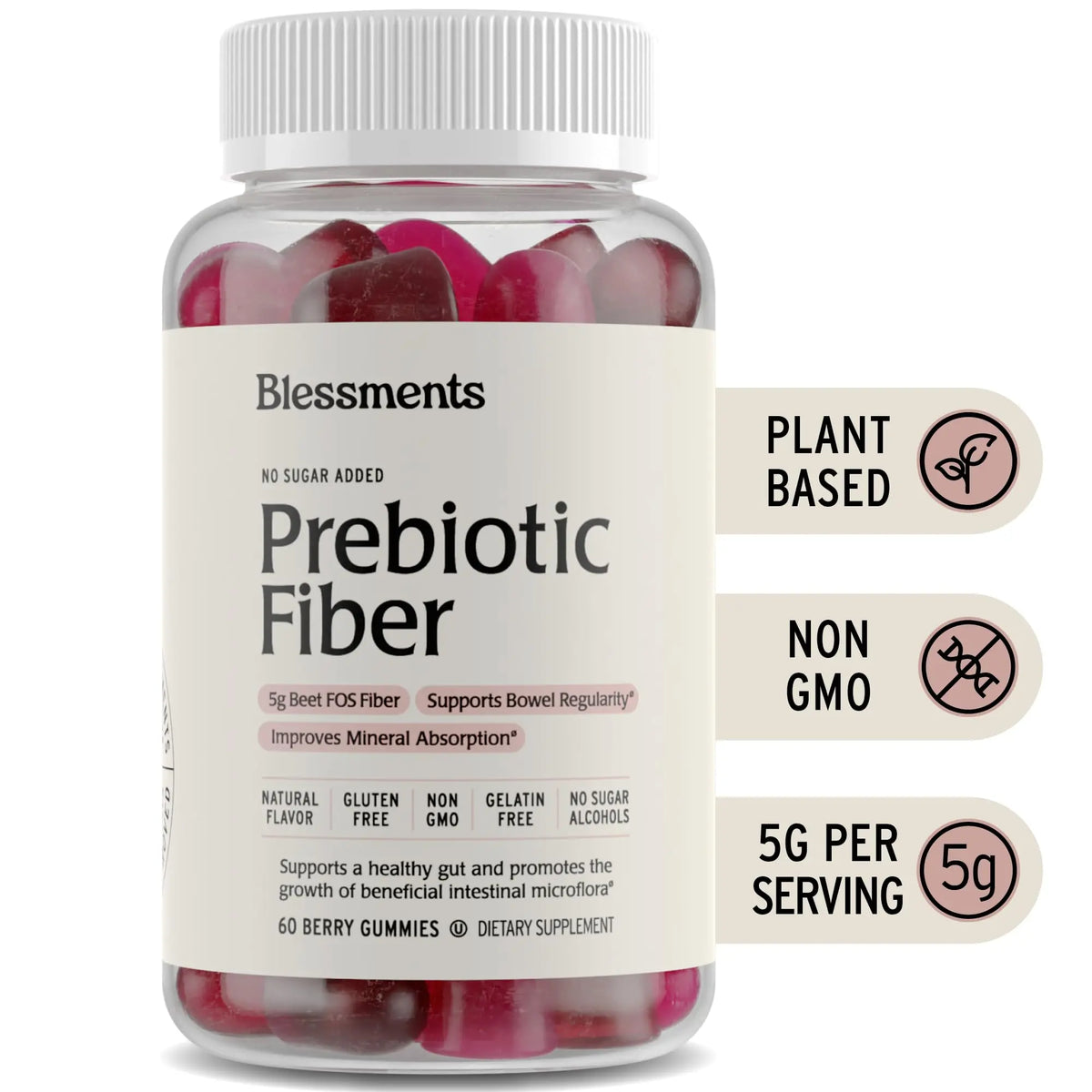 Blessments - Prebiotic Fiber Gummies for Adults & Kids with No Added Sugar- 5g (60 Count) High Fiber Supplement Gummies - Vegan - Keto Friendly - Digestive Health Supplements Blessments
