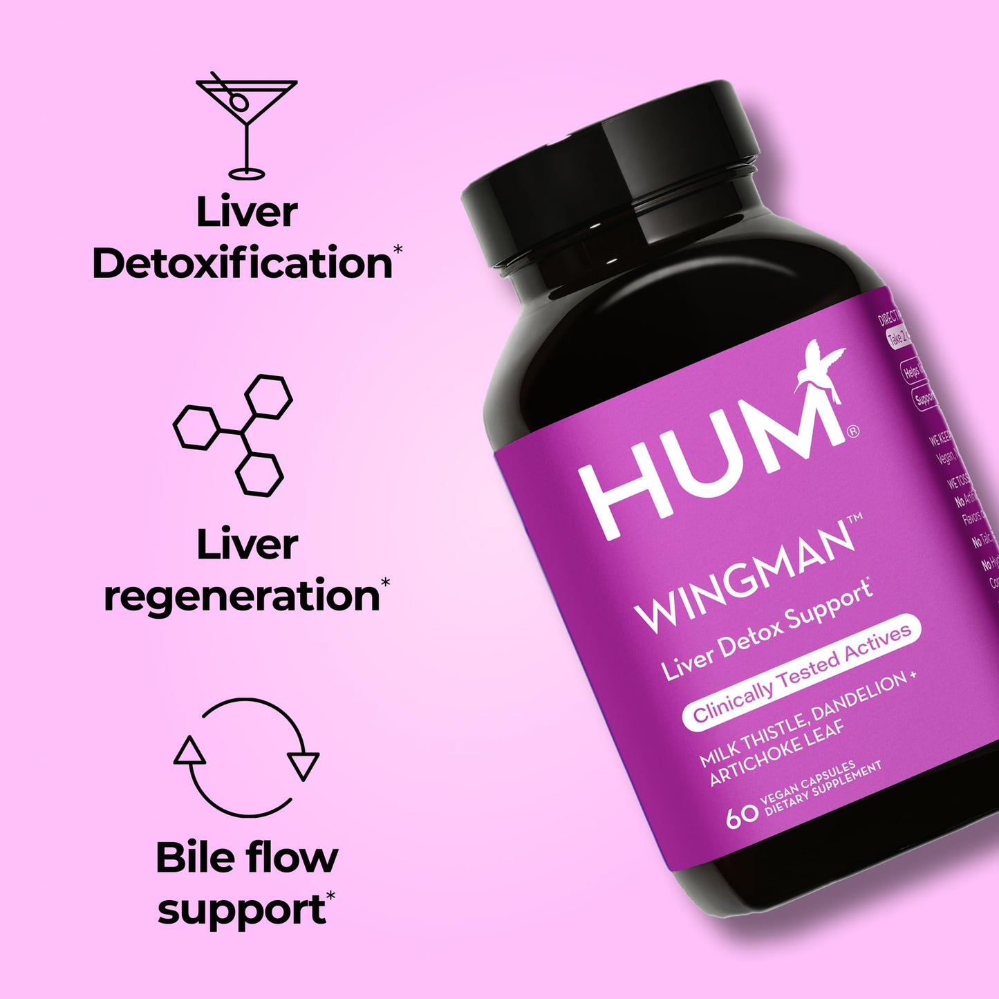 HUM Wing Man Liver Support Supplement with Milk Thistle, Dandelion Root Powder & Artichoke Leaf Extract For Liver Health & Function Support, Milk Thistle Supplement Helps Flush Out Toxins, 60 Capsules HUM