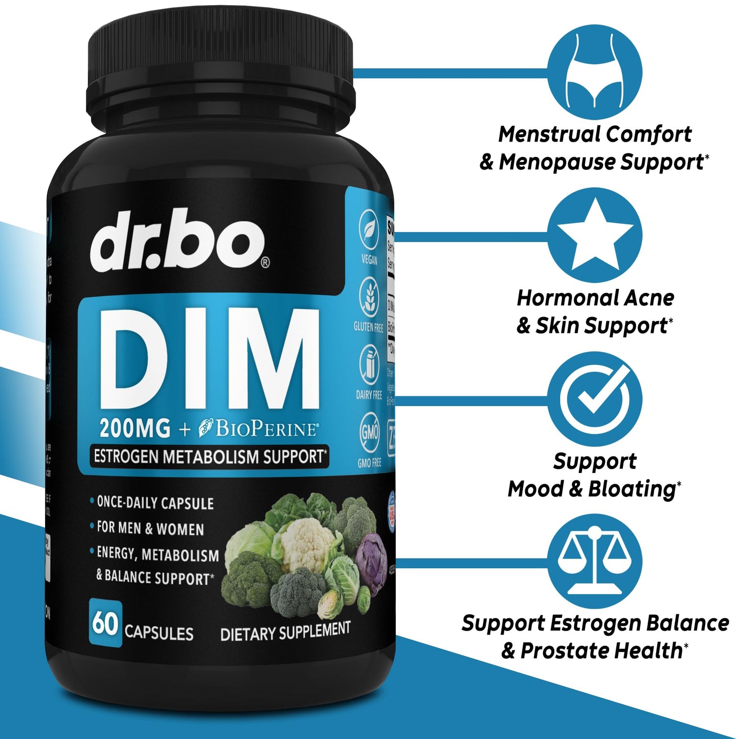 DIM Supplement for Women & Men 200mg - Androgen Estrogen Blocker for Men & Women, Hormonal Acne Pills, Hormone Balance, Menopause Support, Diindolylmethane DIM Supplement Plus BioPerine - 60 Capsules DR. BO