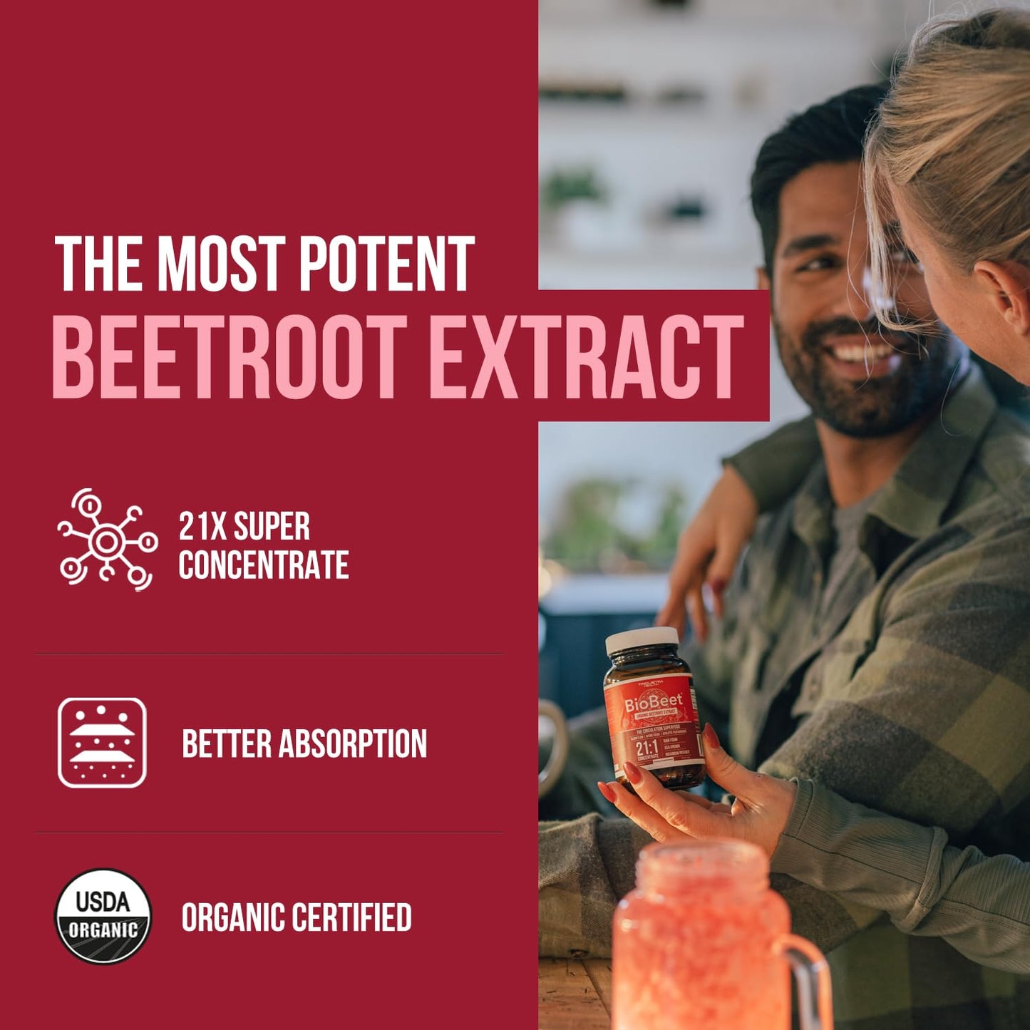 BioBeet® Max Strength Beet Root Capsules - 21:1 Concentrate, Each Serving Derived from 28,350 mg Organic Beetroot - Absorption Enhancement Triquetra Health