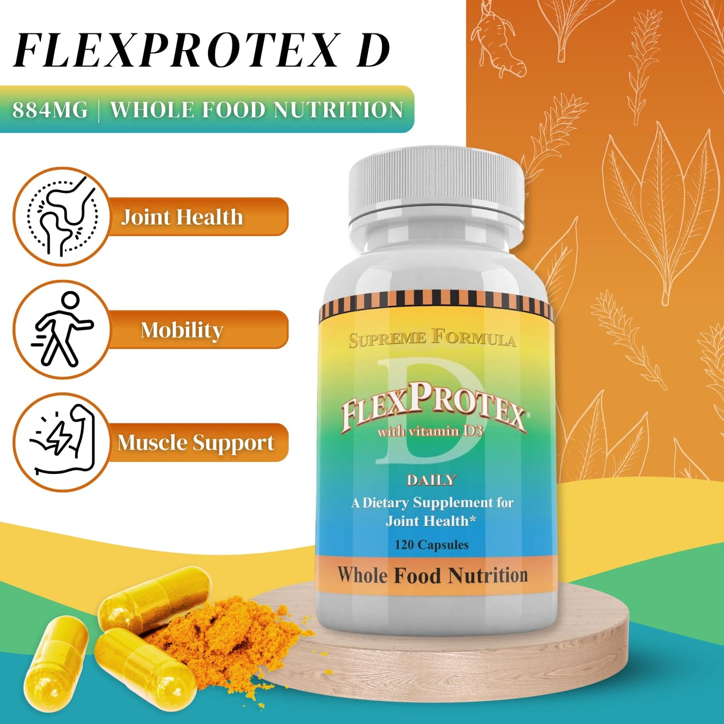 Daily Health, Flexprotex D 884mg Joint Muscle Support 120 Capsules Natural Herbal Turmeric Chondroitin Glucosamine Yucca Boswellia Hyaluronic Acid Ashwagandha D3 Magnesium (1 Month Supply) Daily Health