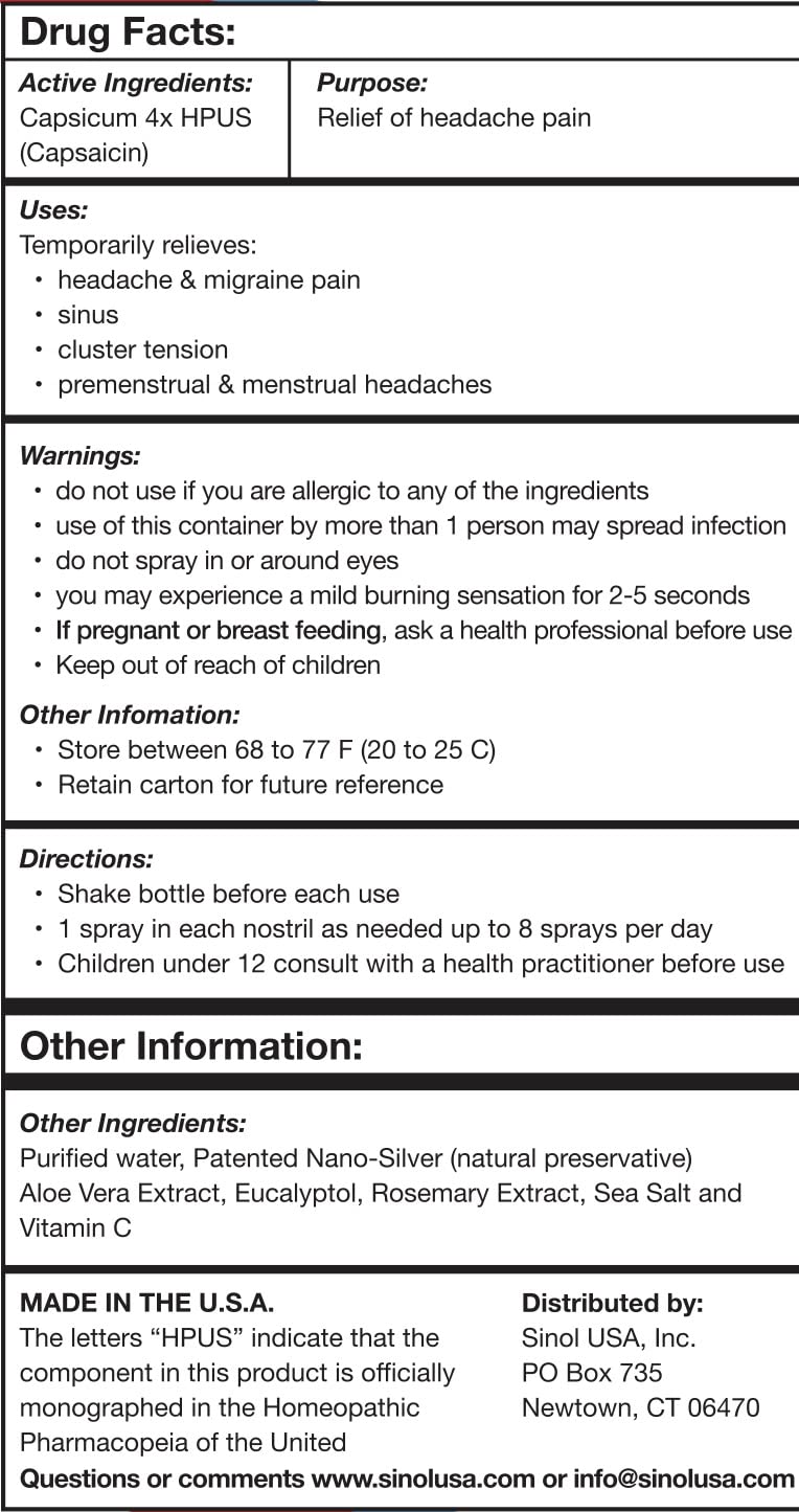 Sinol Headache Relief Spray, Over-The-Counter Medication Nose Spray for Migraine Cluster Tension, Sinus Relief & Nasal Decongestants, 15 ml Sinol