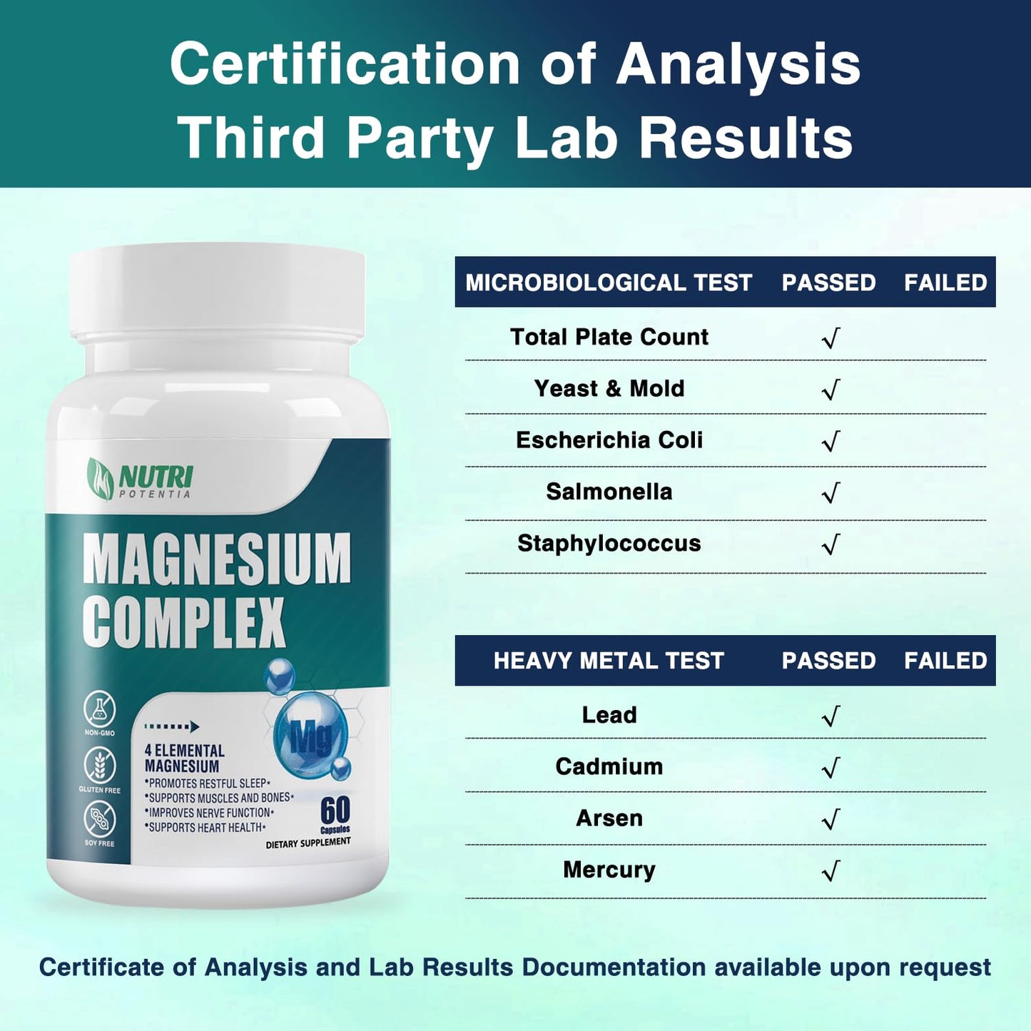 Magnesium Complex for Women&Men,With Glycinate Malate Citrate Taurate.Support for Sleep,Stress Relief,Cognitive Function,Magnesium Supplement 500mg,Third-Party Tested(Made & Tested in USA)-60 Capsules NUTRI POTENTIA
