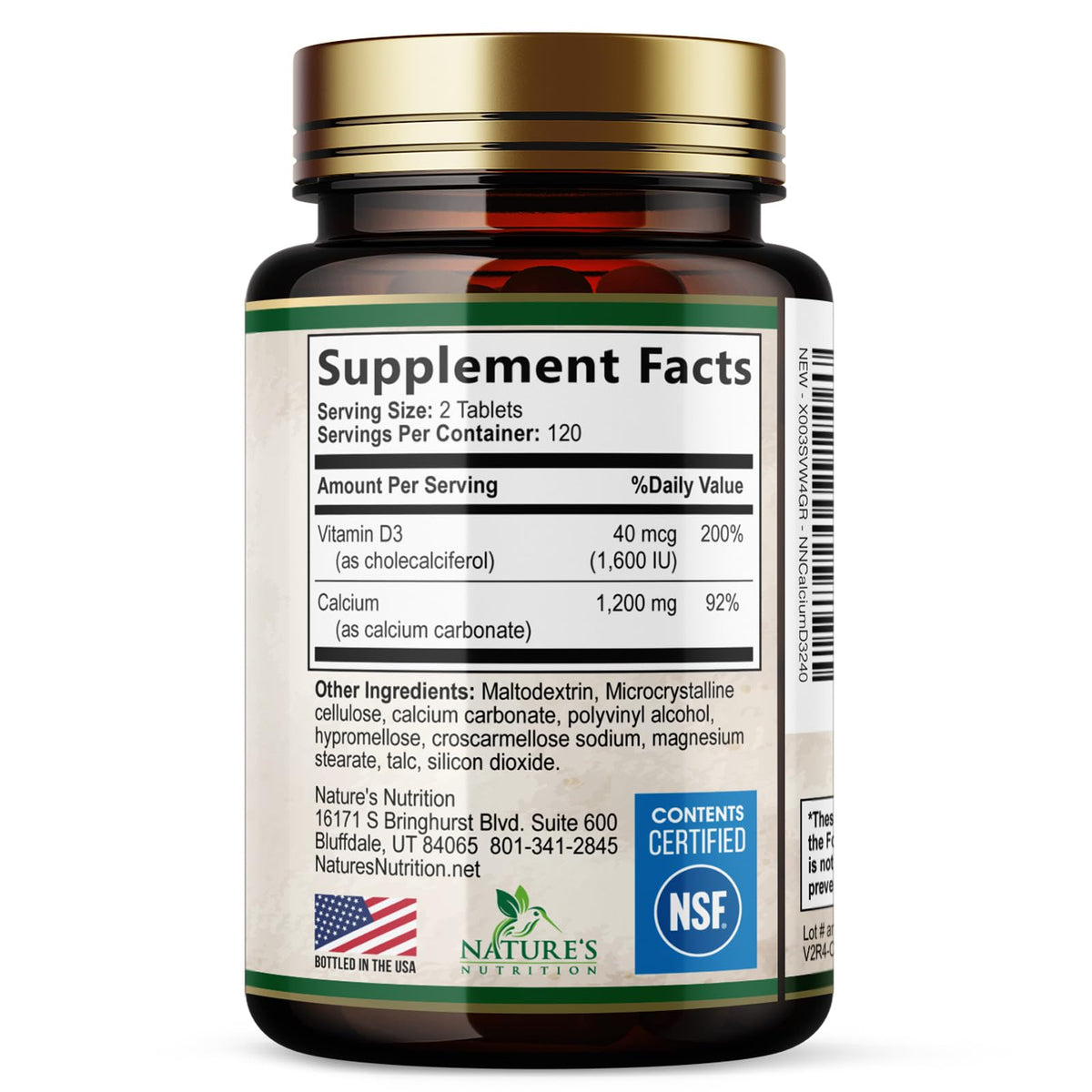 Calcium 1200 mg with Vitamin D3 - Per Serving - Bone Health Supplement - Vitamin D & Calcium Supplements for Women & Men - Bone Strength Support Nature's Nutrition