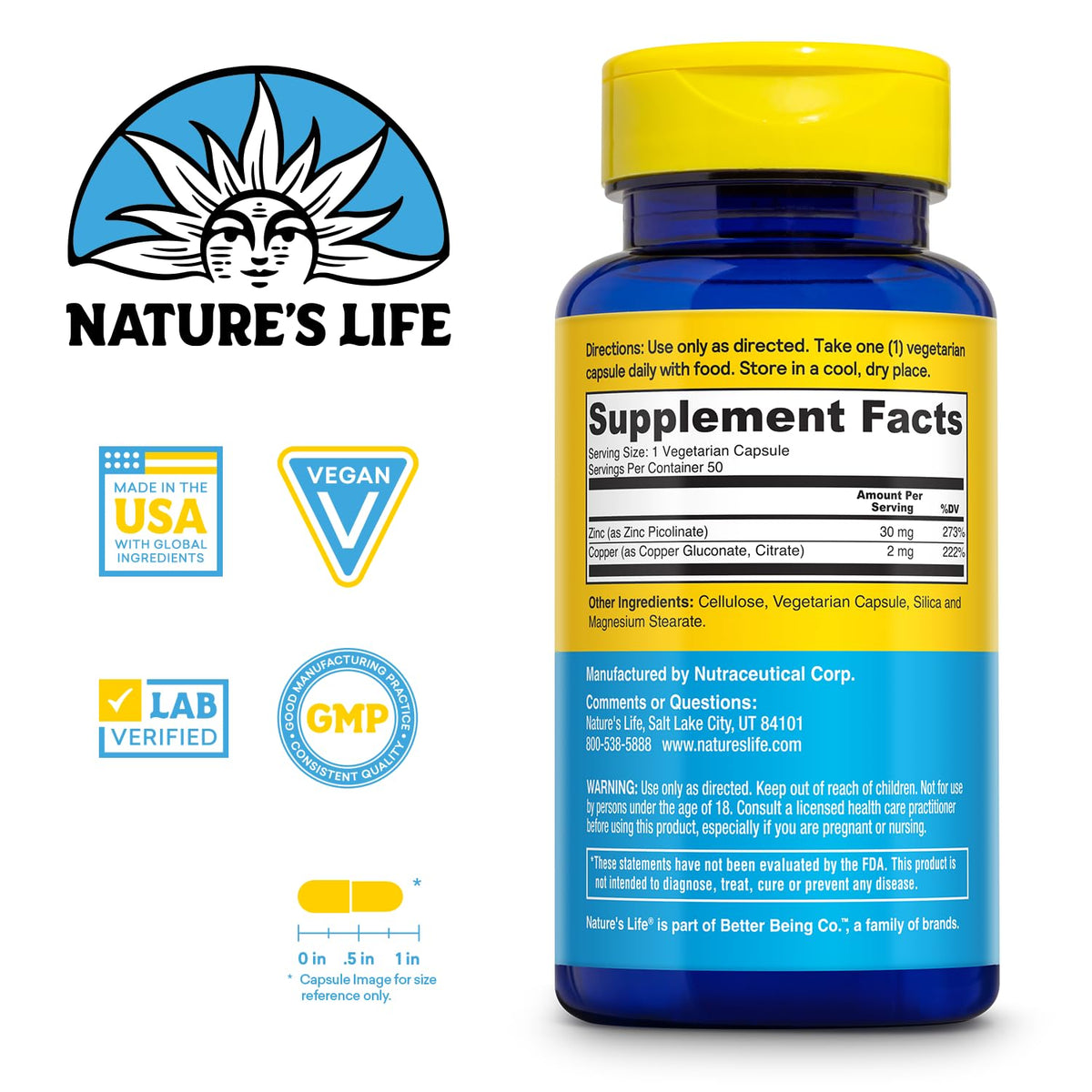 Nature's Life Zinc Picolinate 30mg Plus 2mg of Copper - Chelated Zinc Supplement for Immune, Cardiovascular, Skin, Cellular Function, and Muscle Support - 60-Day Guarantee - 50 Servings, 50 Capsules Nature's Life