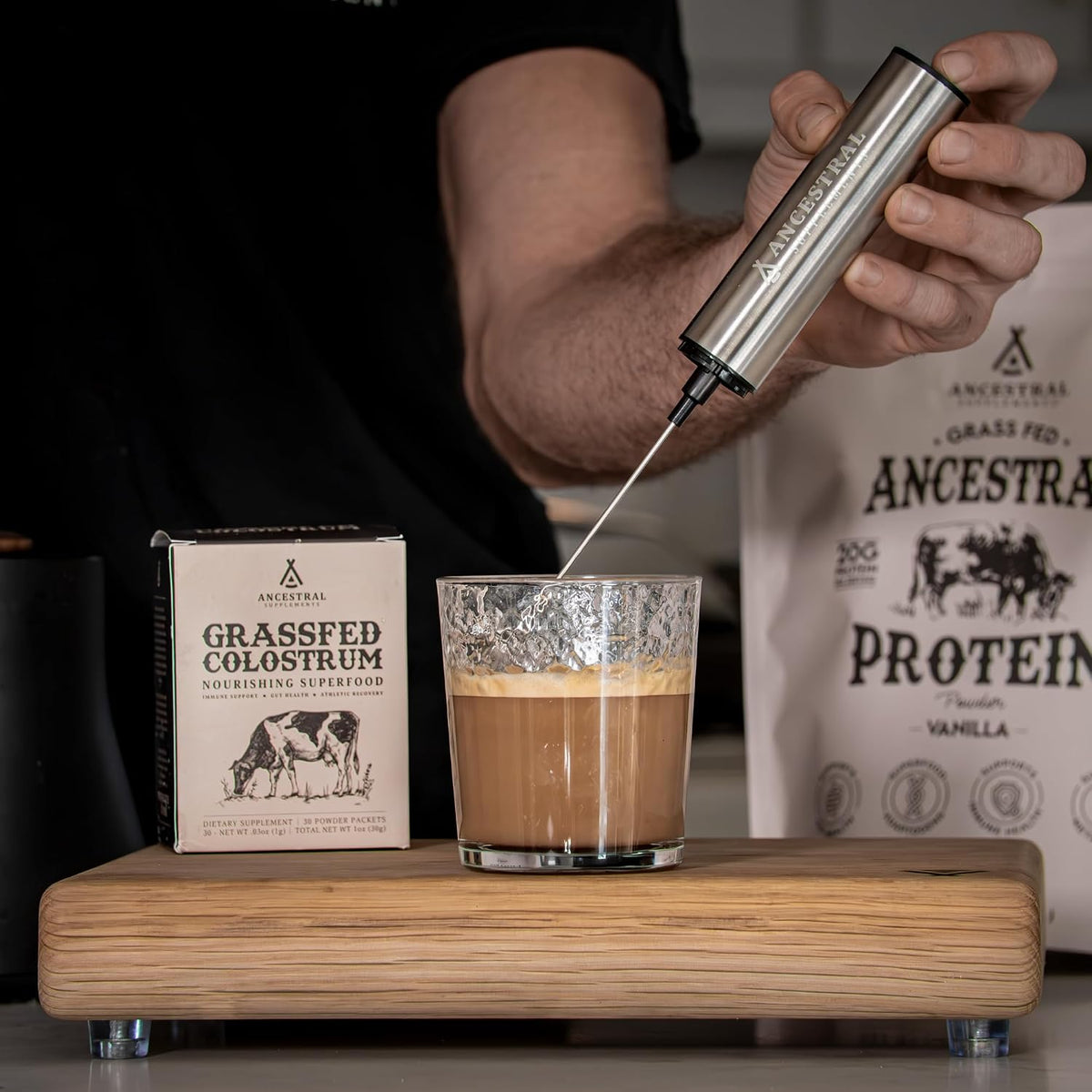 Ancestral Supplements Vanilla Protein Bundle & Frother Wand – Grass Fed Beef Organ Blend with 20g Protein, Gut Health Support & Organic Mushrooms, Rechargeable Electric Frother Wand (Double Whisk, Sta Gsupps Australia
