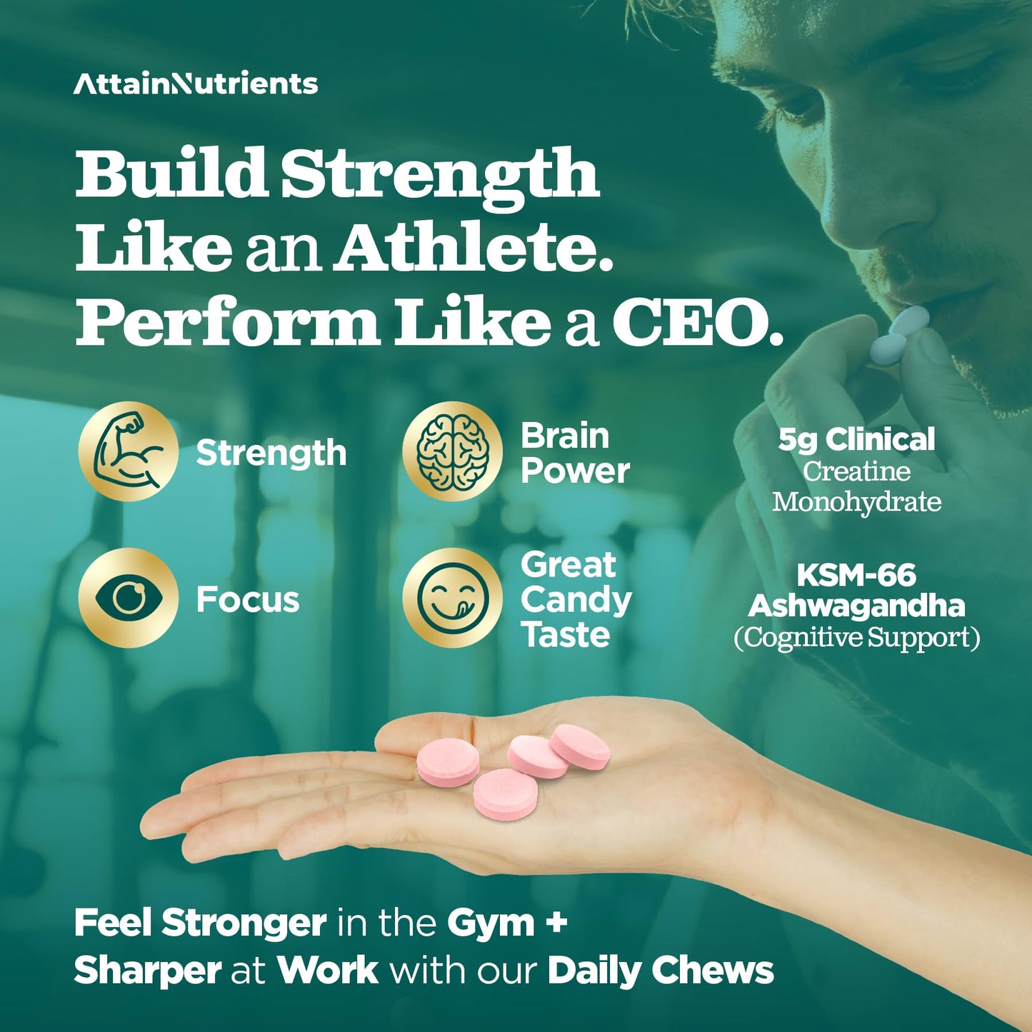 Creatine Chews - 5000mg Creatine Monohydrate Tablets for Men & Women with Ashwagandha KSM-66 - Low Sugar Muscle Support & Cognitive Boost - Gummy Alternative - 120 Count (Strawberry Lemonade) Attain Nutrients