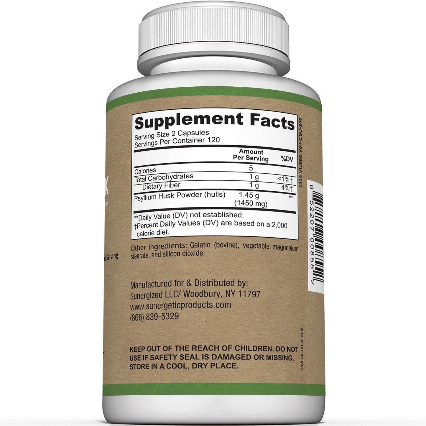 Premium Psyllium Husk Fiber Supplement 1450mg, 240 Capsules Sunergetic