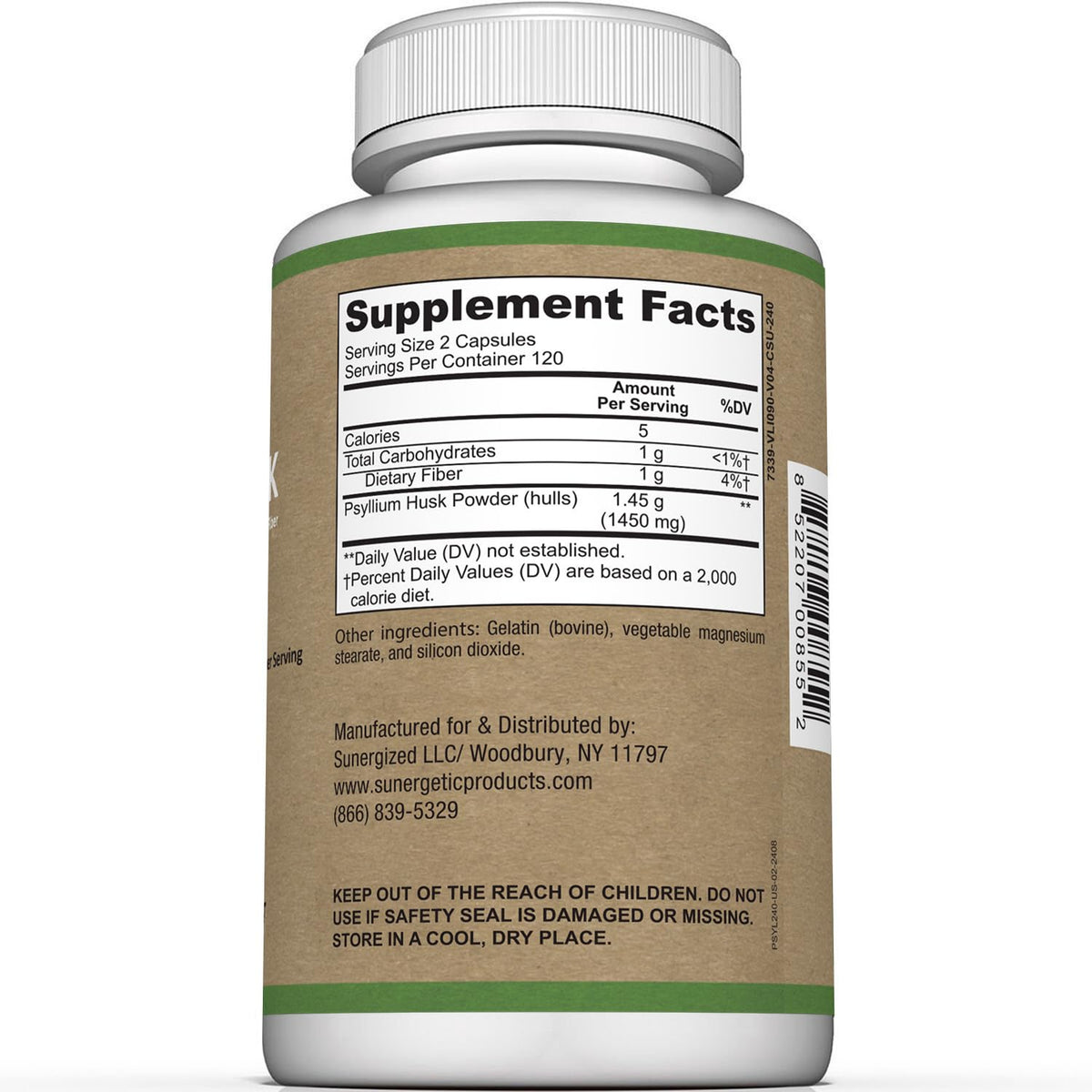 Premium Psyllium Husk Fiber Supplement 1450mg, 240 Capsules Sunergetic