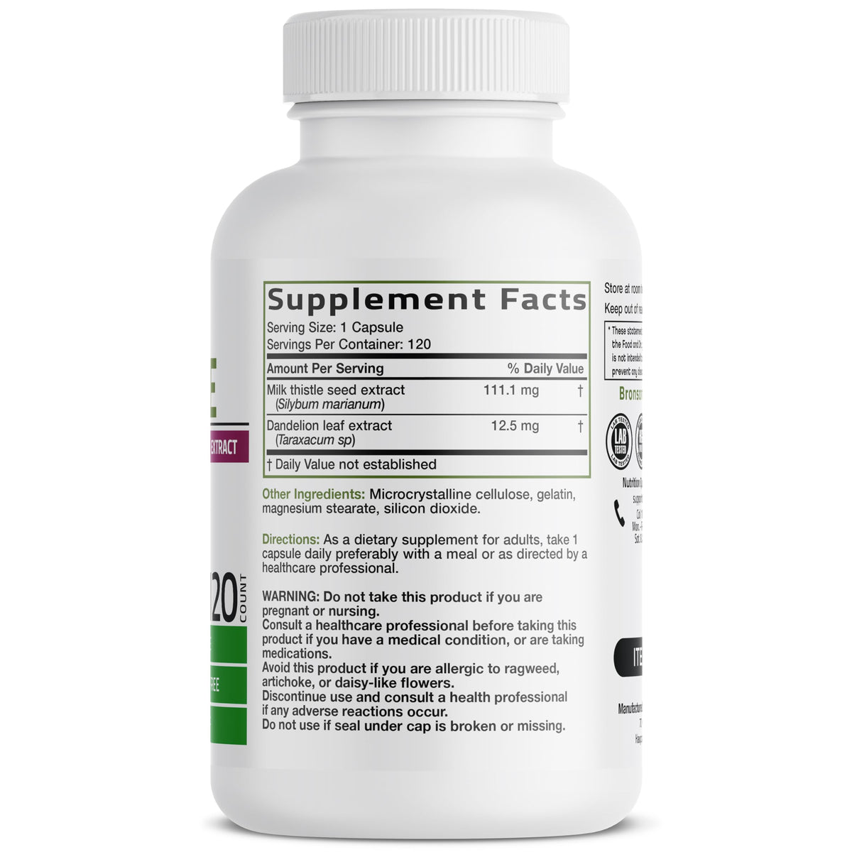 Bronson Milk Thistle Silymarin Marianum & Dandelion Extract Liver Health Support, Antioxidant Support, Detox, 120 Capsules Bronson