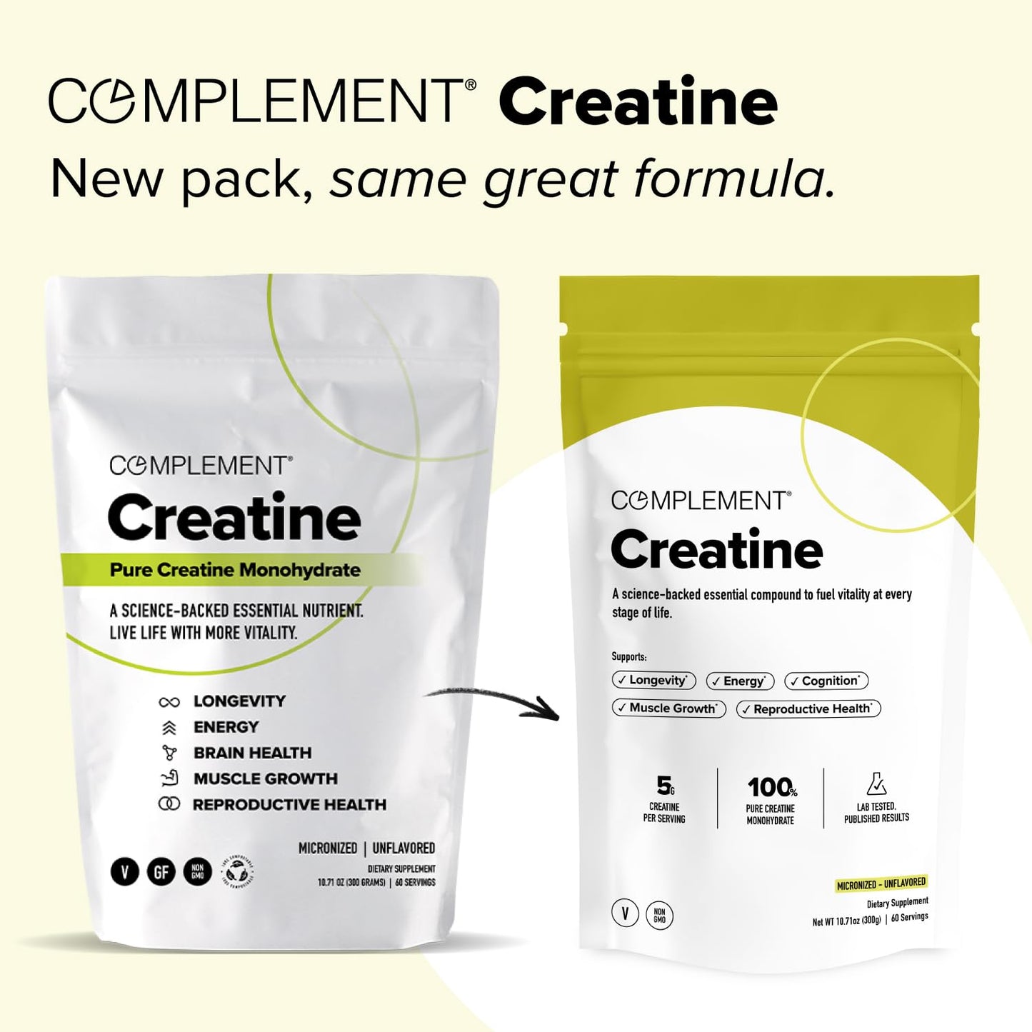 Complement Creatine Monohydrate Micronized Powder for Women and Men (5g, 60 Servings) Pre Workout, Post Workout, Muscle Recovery, Brain Health, Longevity- Vegan, Unflavored Complement