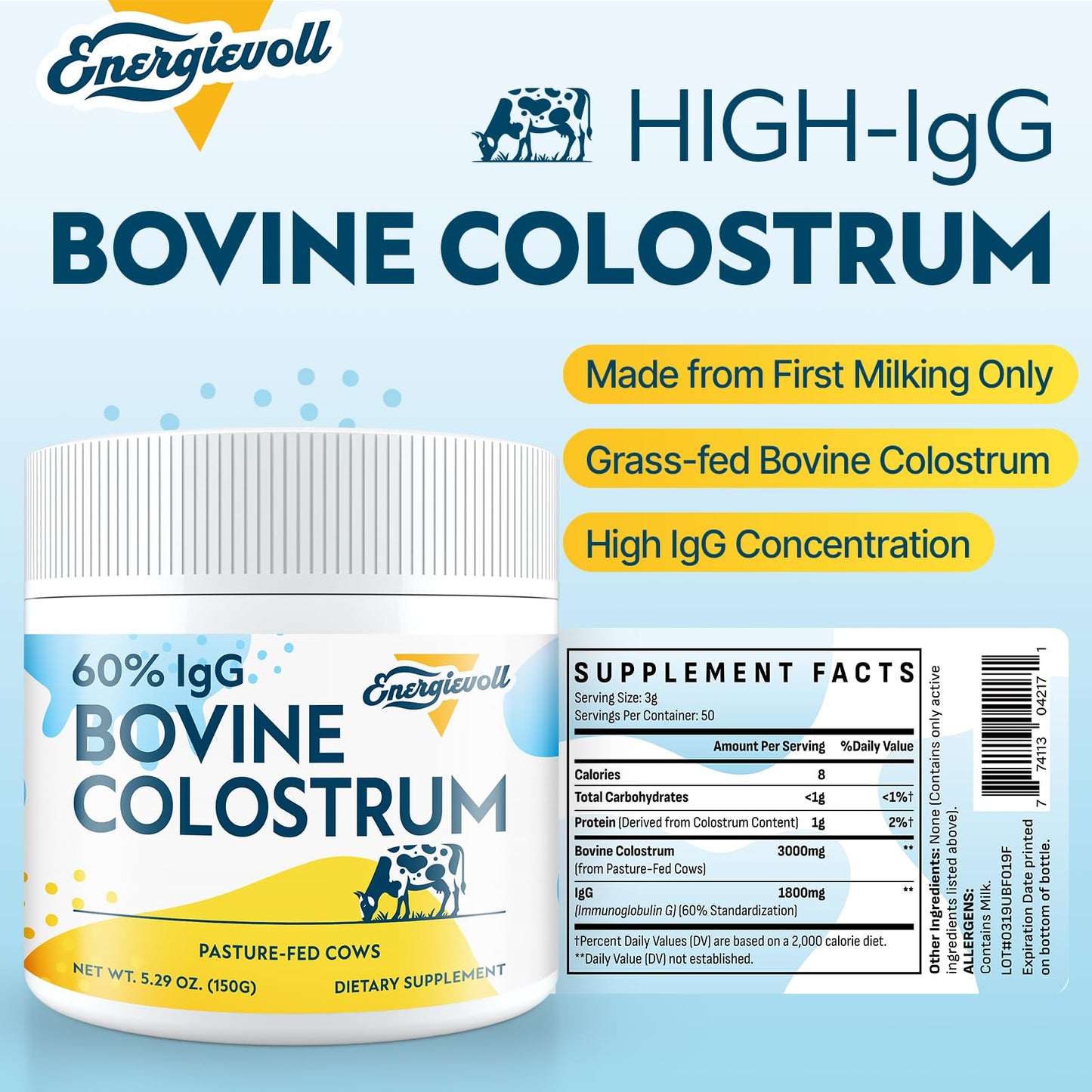 Energievoll Bovine Colostrum Supplement Powder - 60% IgG 3000 mg for Gut, Hair Growth, Beauty, and Immune, Easy to Mix, Unflavored (50 Servings) Energievoll