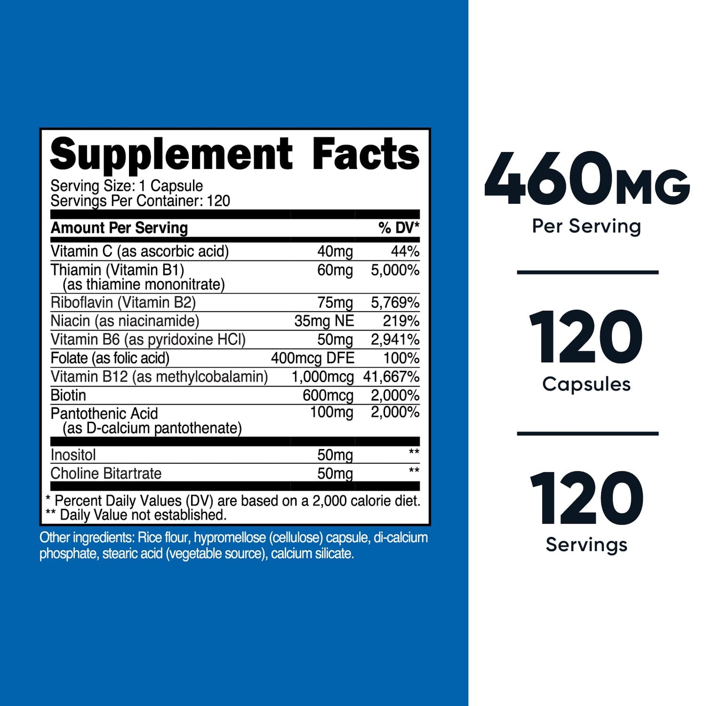 Nutricost High Potency Vitamin B Complex 460mg, 120 Capsules - with Vitamin C - Energy Nutricost