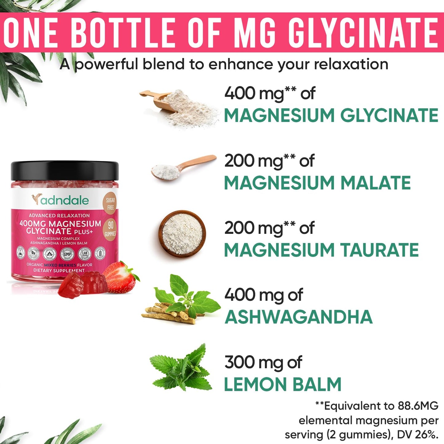 Adndale 90 CT Magnesium Glycinate 400 mg Gummies with Ashwagandha, Magnesium Malate & Taurate, Sugar Free Magnesium Gummies Adndale