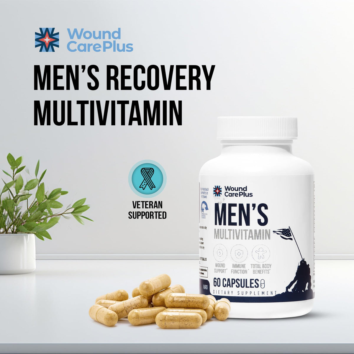 Wound Care Plus Men's Multivitamin – Comprehensive Vitamin & Mineral Blend with Vitamins A, B, C, D, E, Zinc – Supports Immune Health, Energy & Skin Wellness – 60 Capsules – Non-GMO, Gluten-Free WOUND CAREPLUS