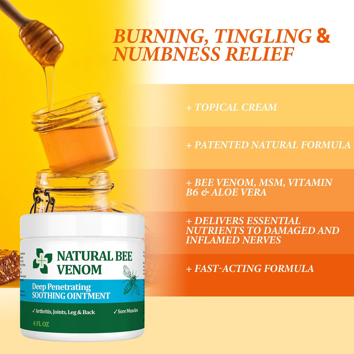 PIBIOOMAP Bee Venom Serum Joint & Muscle & Bone Cream, Pure Natural Ingredients, Fast Acting, Relief Back, Shoulder, Back, Neck, Hands, Elbows, Feet, Leg, Knees, Ankle, for Adults, Elderly PIBIOOMAP