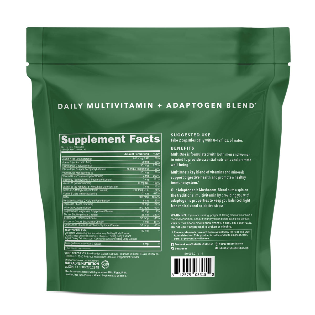 MultiOne Men & Women’s Daily Multivitamin - Essential Nutrients and Minerals for Optimal Health (60 Capsules) NutraOne