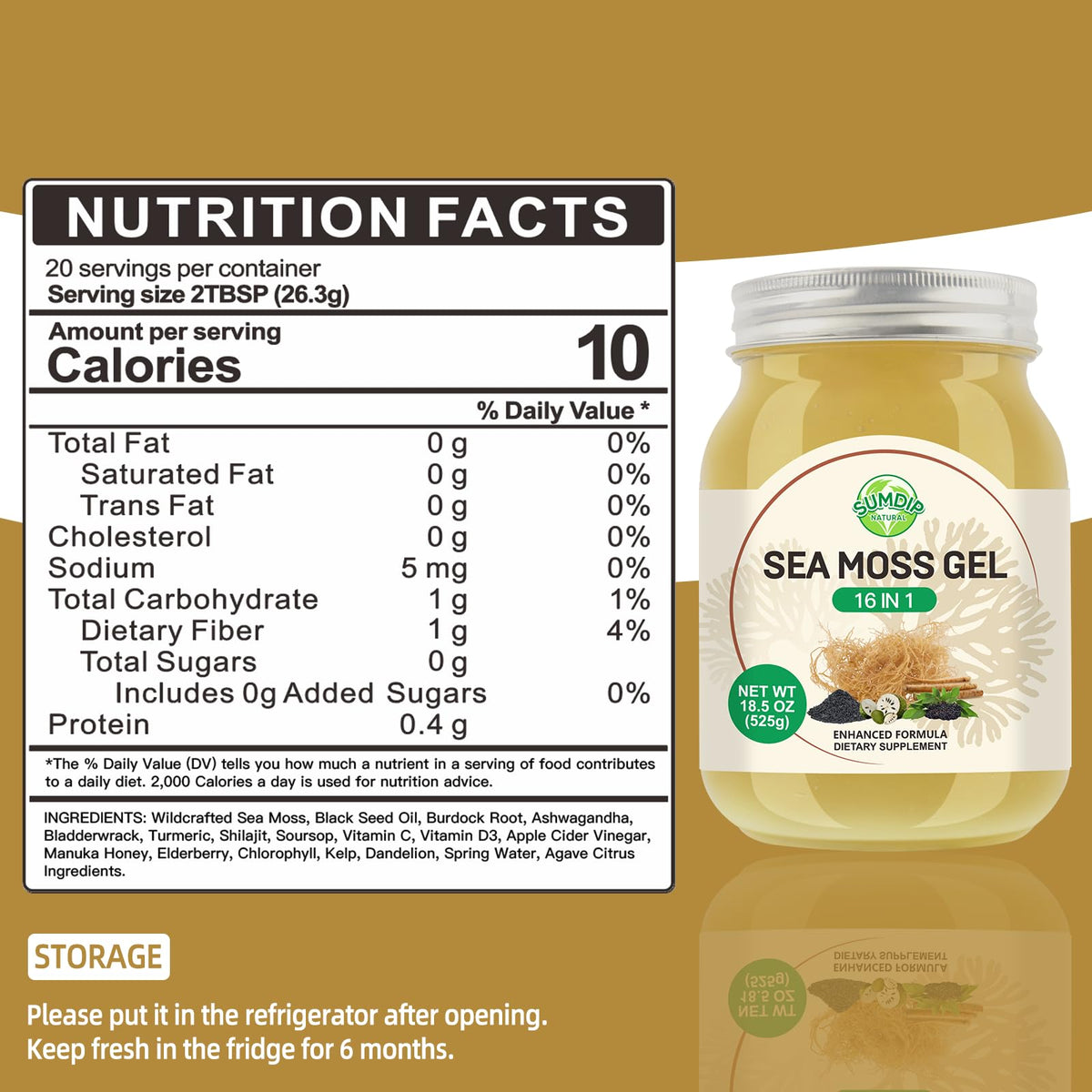 Sea Moss Gel - 18.5 oz Irish Seamoss Gel with Black Seed Oil and Ashwagandha, 16 in 1 Vegan Superfood Rich in Vitamins & Minerals, Raw Wildcrafted Seamoss for Immune & Digestion Support, Original SumDIP