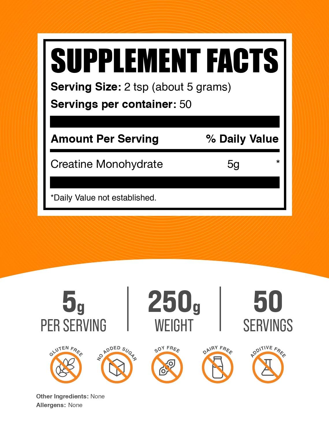 BulkSupplements.com Creatine Monohydrate Powder - Micronized Creatine Powder, Unflavored - Pure & Gluten Free, 5g (5000mg) per Servings, 250g (8.8 oz) (Pack of 1) BulkSupplements