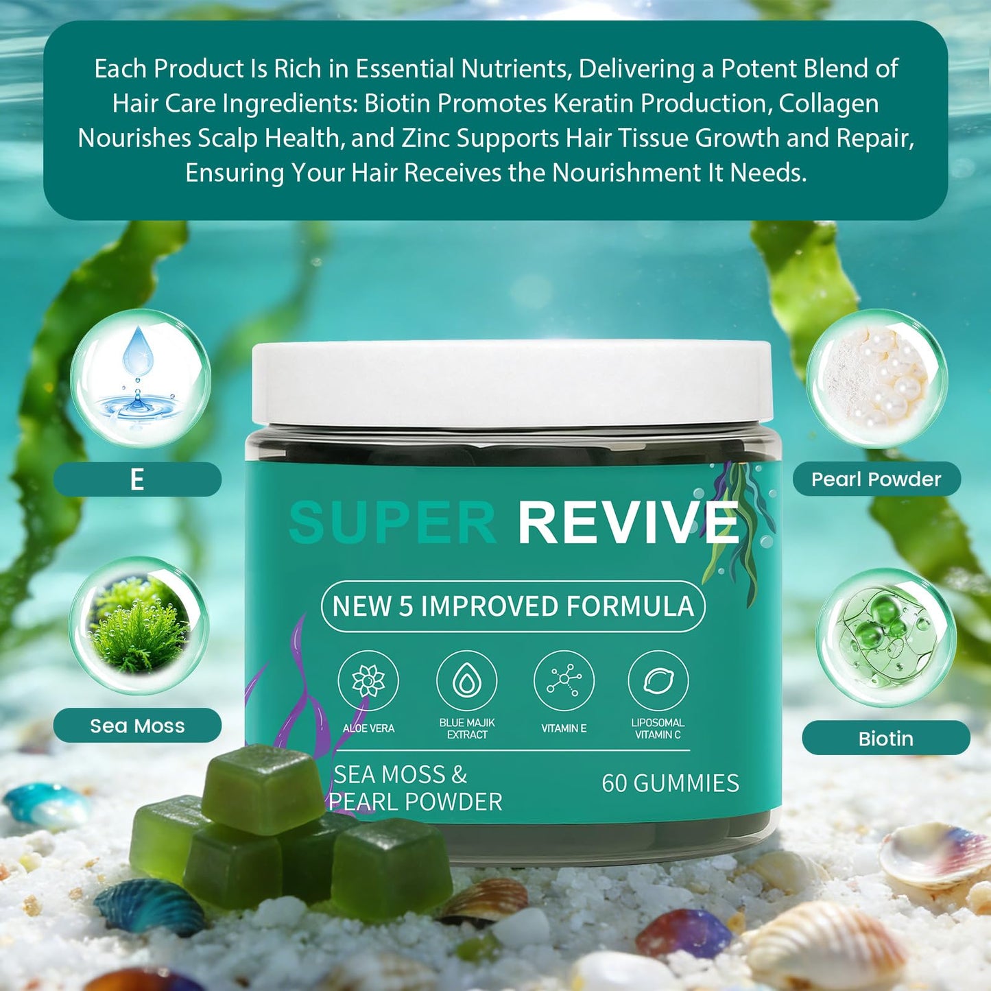 caicieter Super Revive Gummies for Hair Loss - Sea Moss Gummies with Vitamin C, E, Aloe Vera & Pearl Powder Glow, Promotes Thicker, Fuller & Stronger Hair - 60 Count caicieter